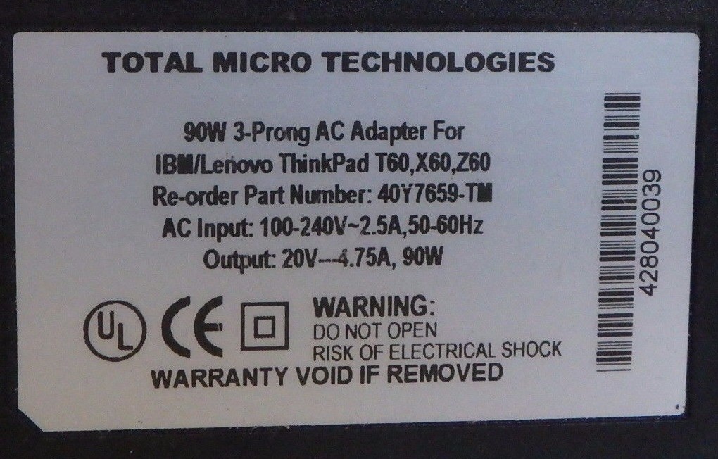 Total Micro Tech. 20 Volt 40Y7659-TM AC Charger Power Supply Adapter, 40Y7659-TM