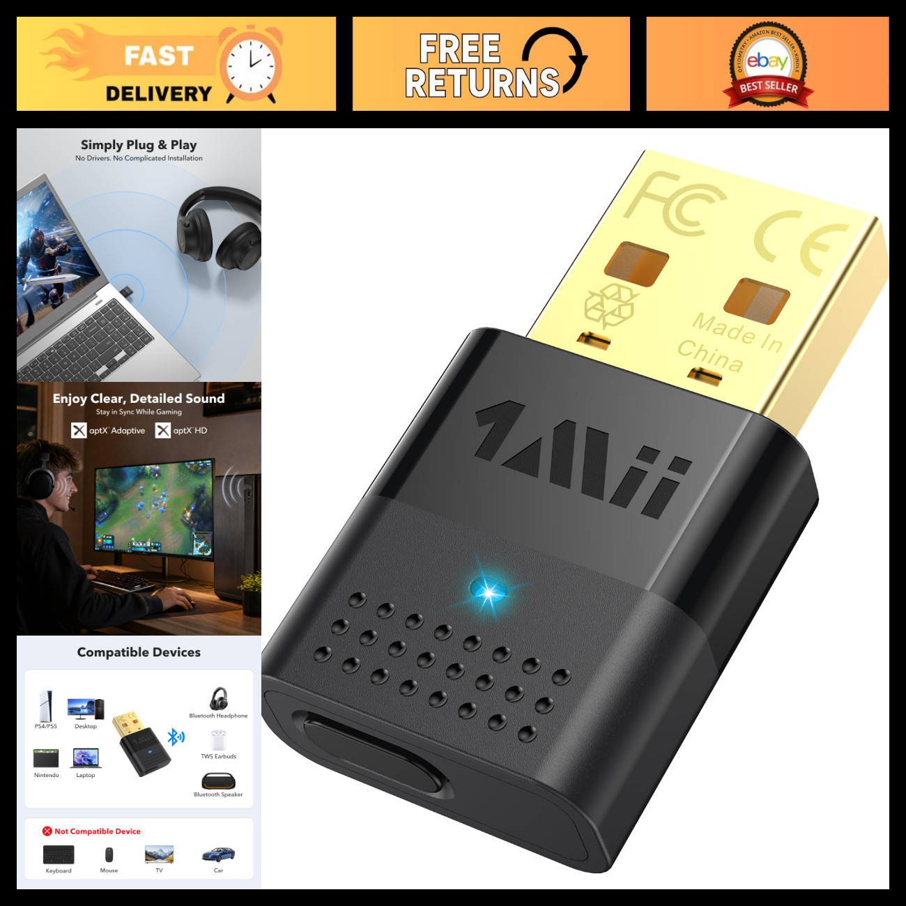 Bluetooth Adapter for PS5 & PC - aptX Low Latency, aptX Adaptive, Wireless Audio