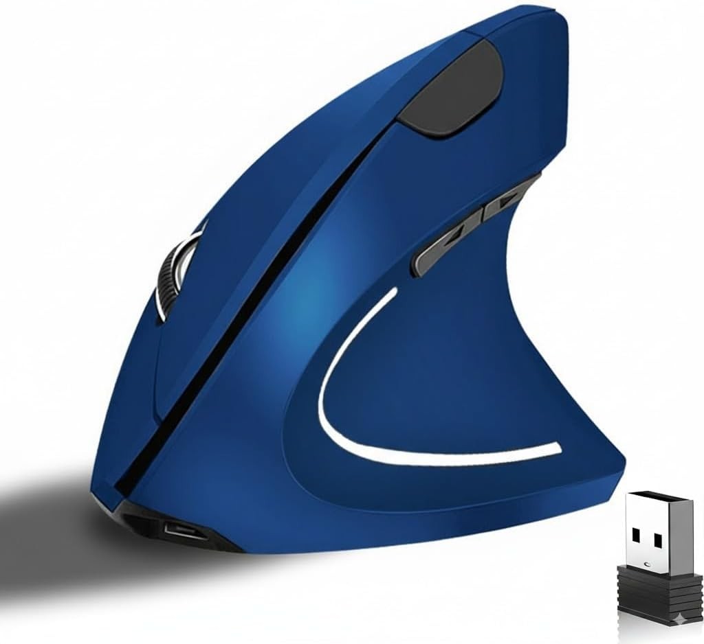 Blue Ergonomic Vertical Wireless Mouse Rechargeable 2.4G Optical 8001600 DPI