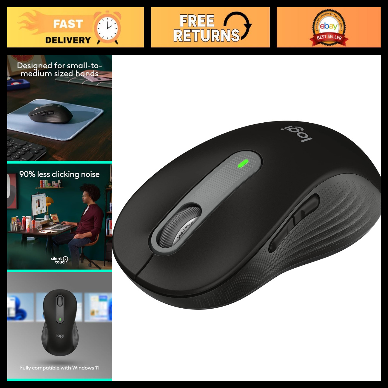 Wireless Mouse for Small to Medium Hands - Ergonomic Design, Silent Clicks, Blac