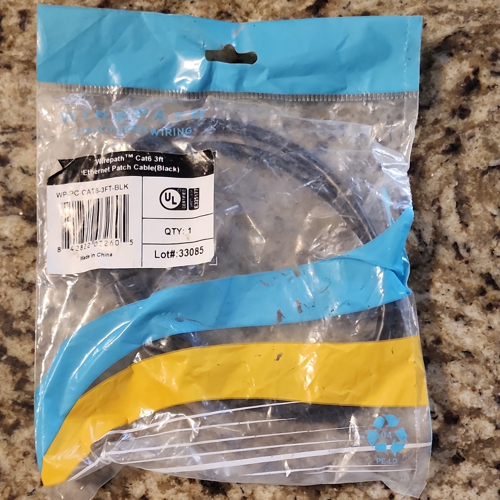 Wirepath Cat6 RJ-45 Ethernet Patch Cable 3ft Black Round WP-PC-CAT6-3FT-BLK