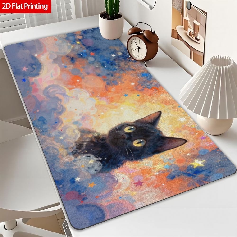 2D Flat Colorful Galaxy Cat Art Mouse Pad with Rubber Base Non-Slip Large Desk