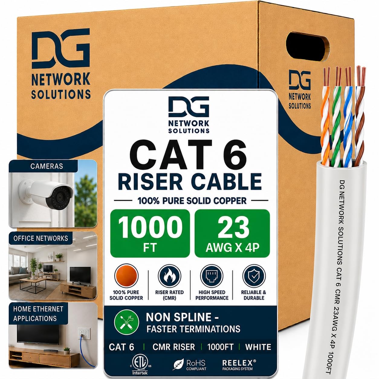 Cat6 Riser 1000FT, Unshielded, 23AWG, Solid Bare Copper, Up to 10Gb Speeds, No
