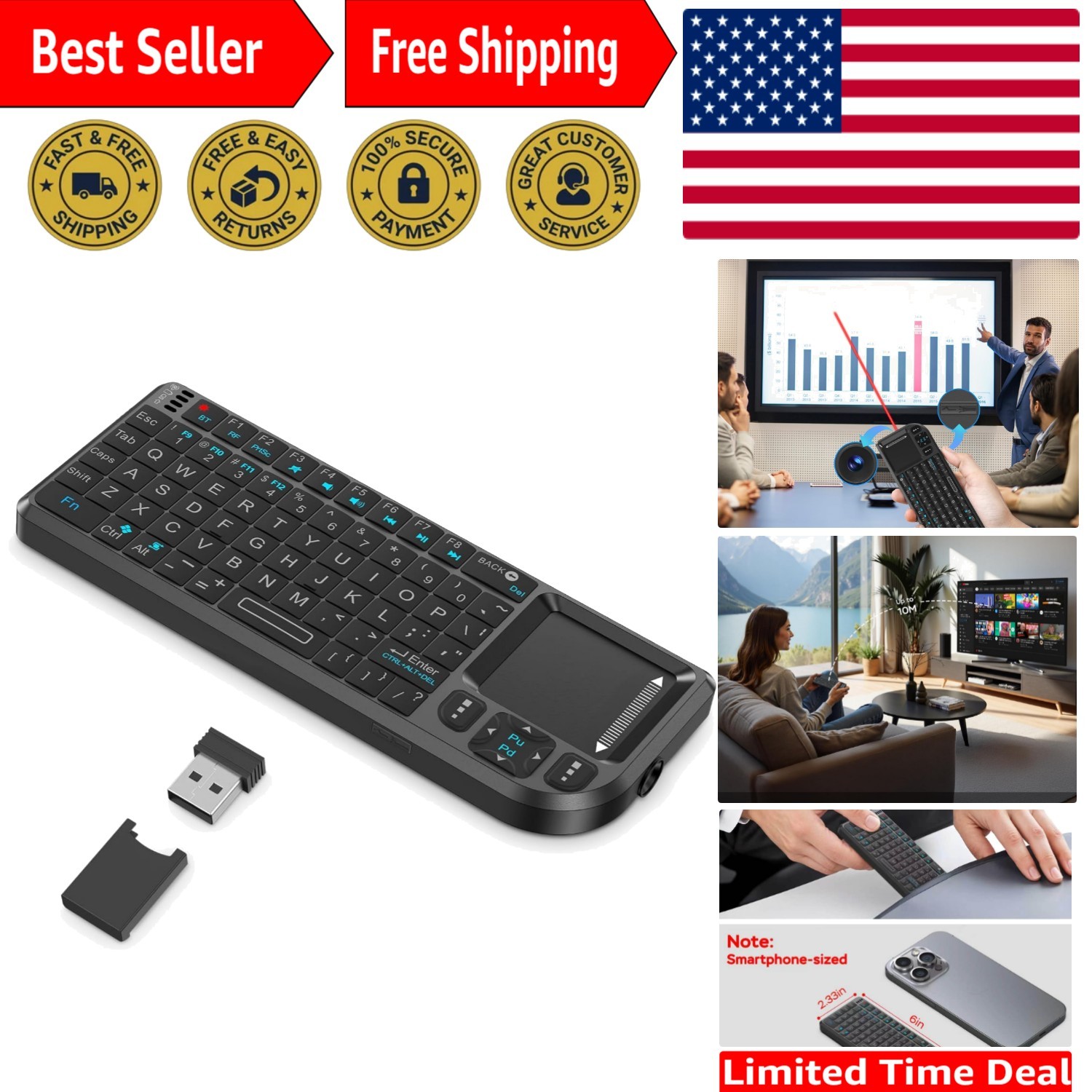 Lightweight 7-Color Backlit Bluetooth Keyboard with Touchpad for Smart TVs & PCs