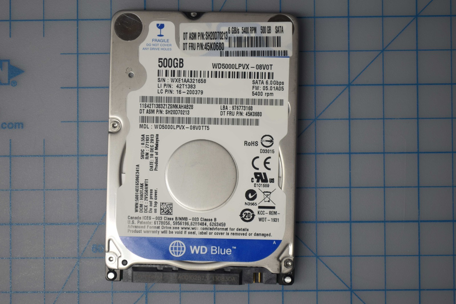 LENOVO HARD DISK DRIVE 500GB WD 5400 RPM 8MB CACHE 6.0GB/S 2 USED WD5000LPVX