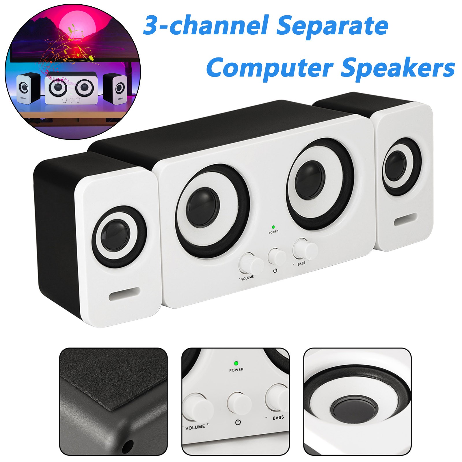 3channel Separate Wired RGB LED Computer Speakers Stereo Bass For Laptop Desktop