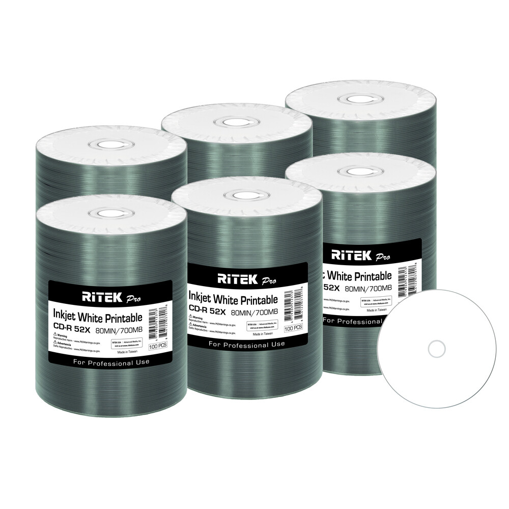 600 Pack Ritek Pro CD-R 52X 700MB White Inkjet Hub Printable Blank Media Disc
