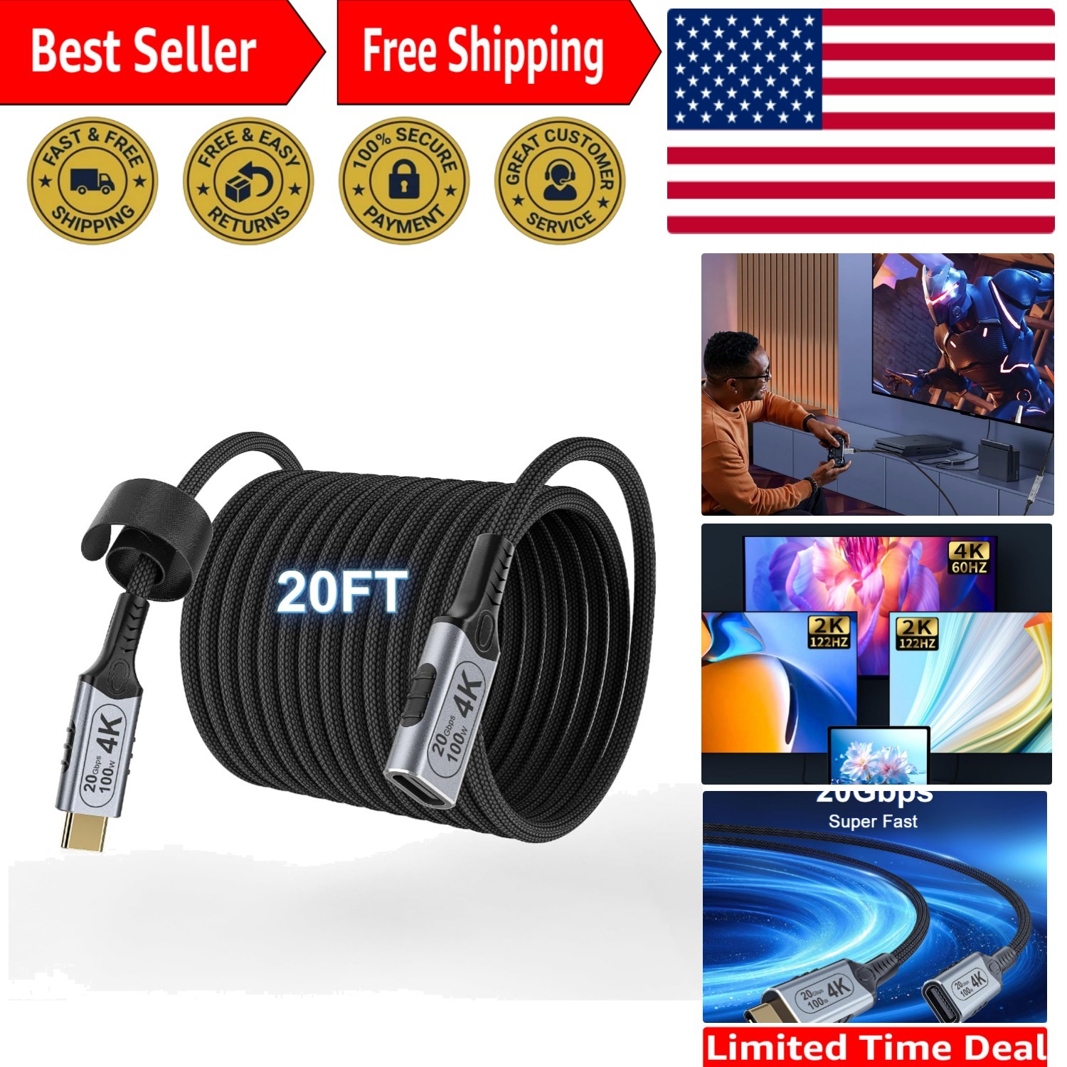 Versatile 20ft USB C Braided Cable - Perfect for Fast Charging & 4K Video Needs