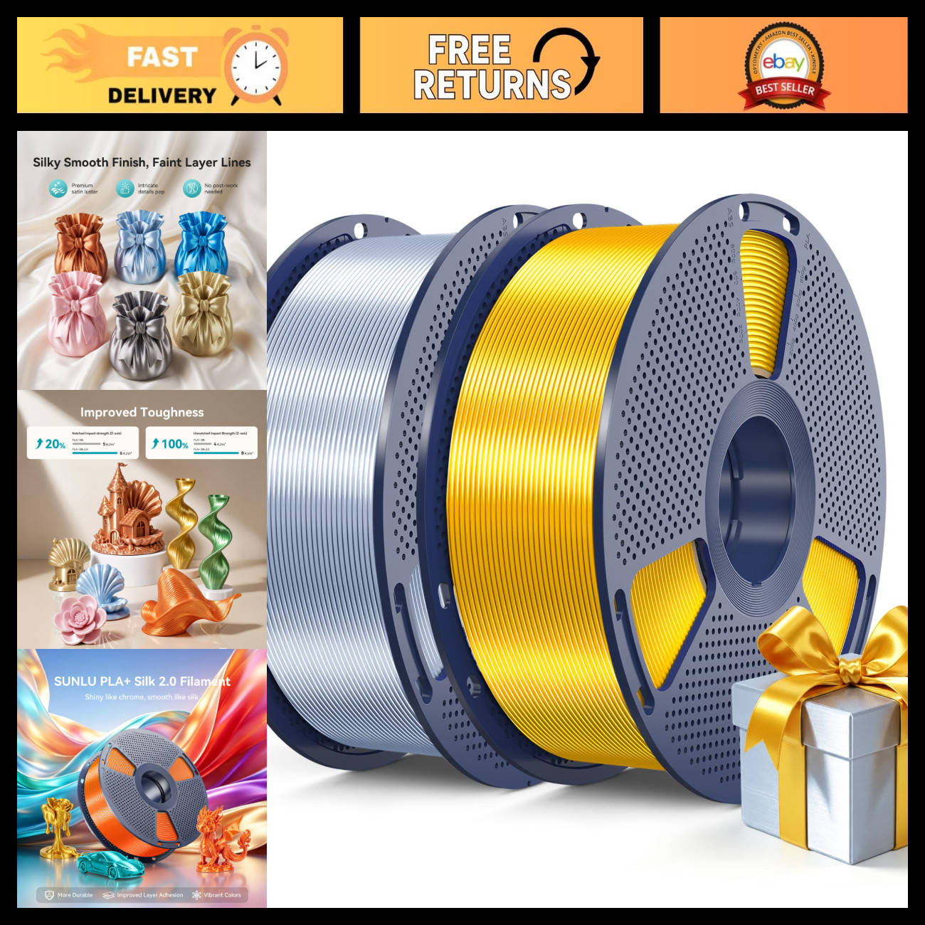 2-Pack 2KG Silk PLA 3D Printer Filament - Silver & Light Gold, High-Quality Mate