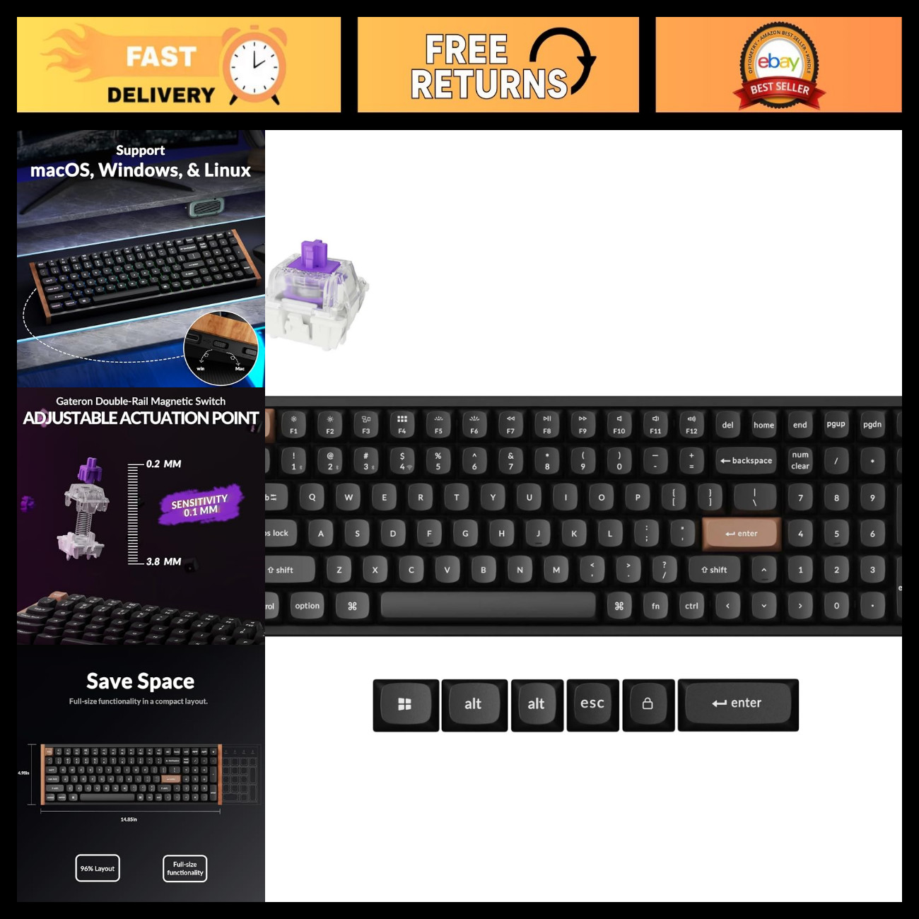 Wireless 96% Mechanical Keyboard with Number Pad, Hall Effect Switches, QMK, Blu