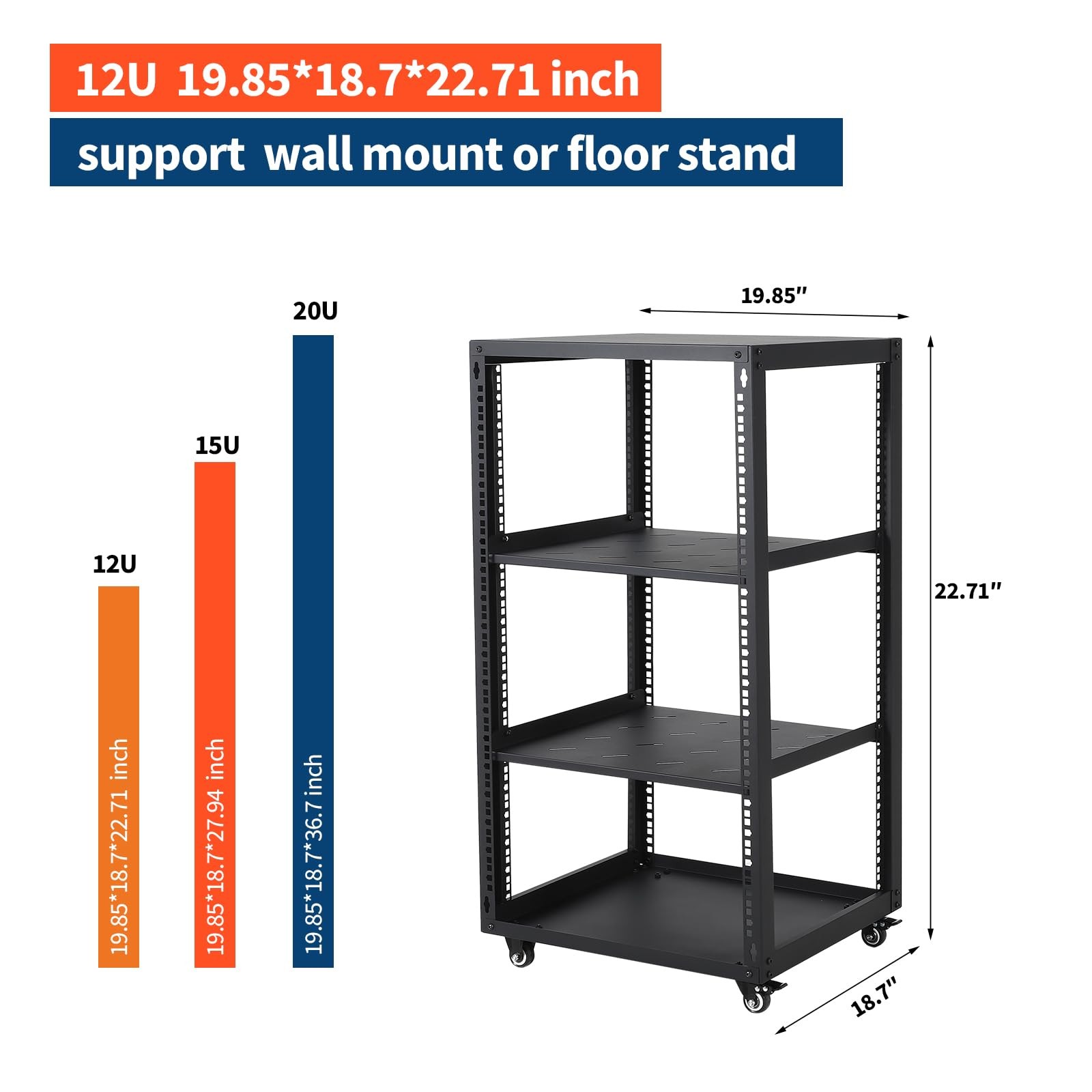 2 Shelves 12U/15U/20U Open Frame Server Rack with Casters Wall/Floor for IT AV
