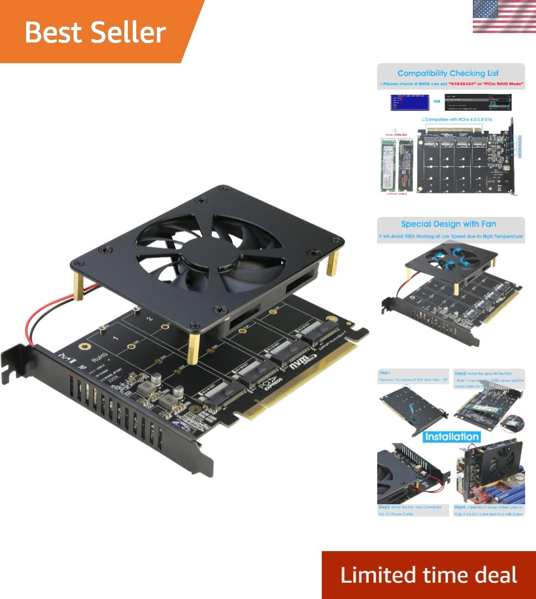 Quad NVMe PCIe Adapter, 4 Ports M.2 NVMe SSD to PCI-e 4.0/3.0 x16 Card with F...