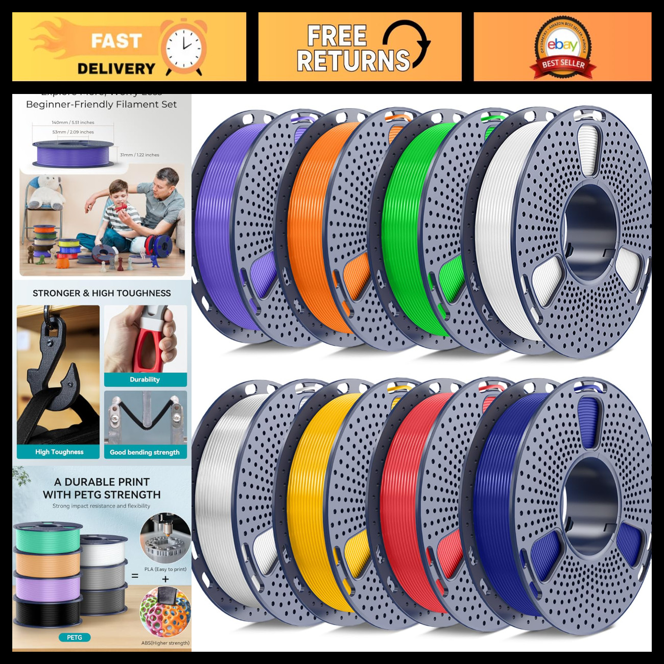 1.75mm PETG 3D Printer Filament Bundle - 8 Colors, 250g Spools, Vacuum Packed