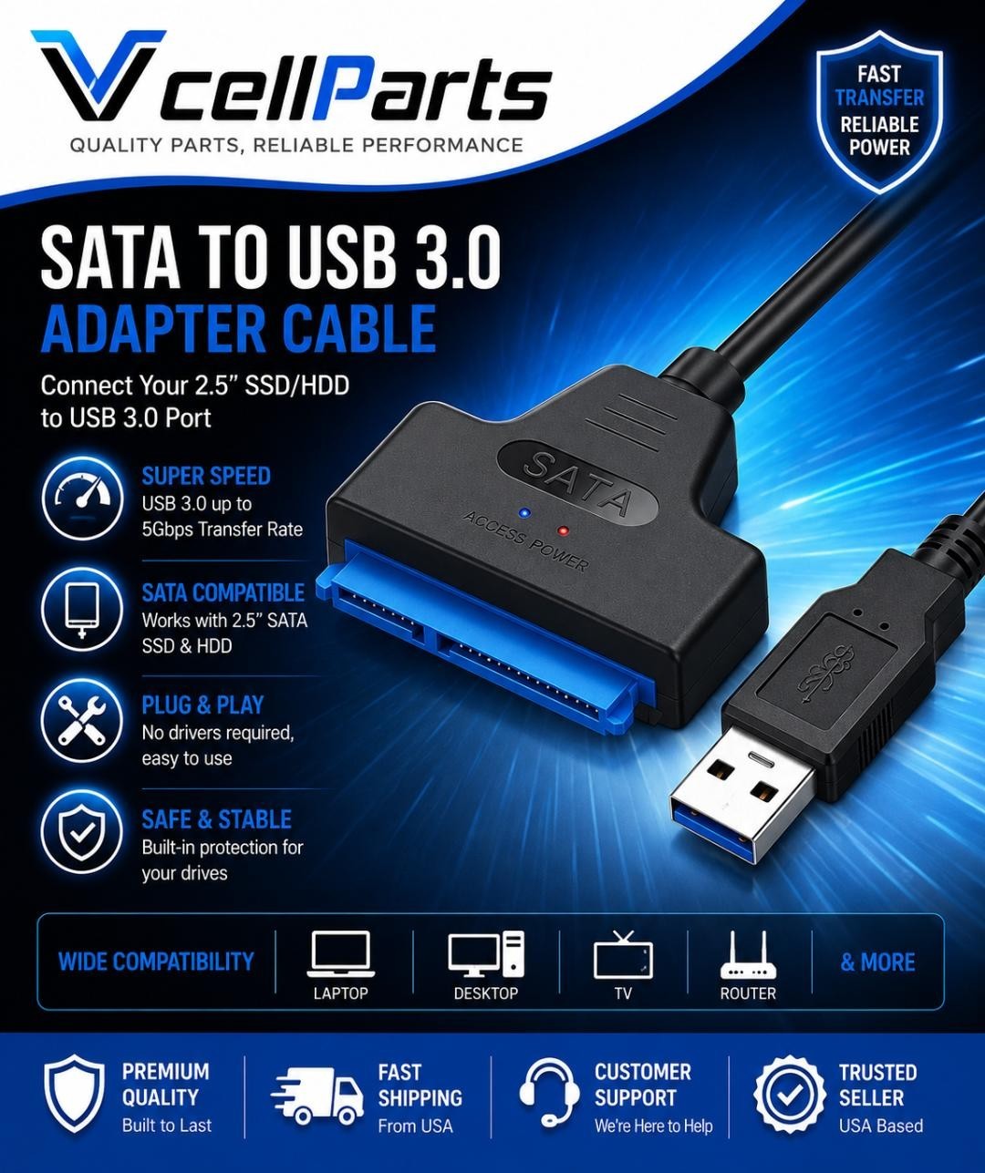 USB 3.0 to 2.5" SATA III Hard Drive Adapter UASP SATA to USB3.0 CABLE Converter