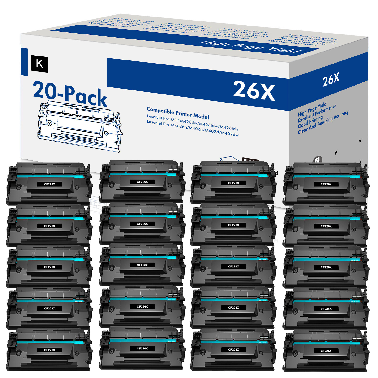 20PK Compatible With HP LaserJet Pro M402n MFP High Yield CF226X 26X Black Toner