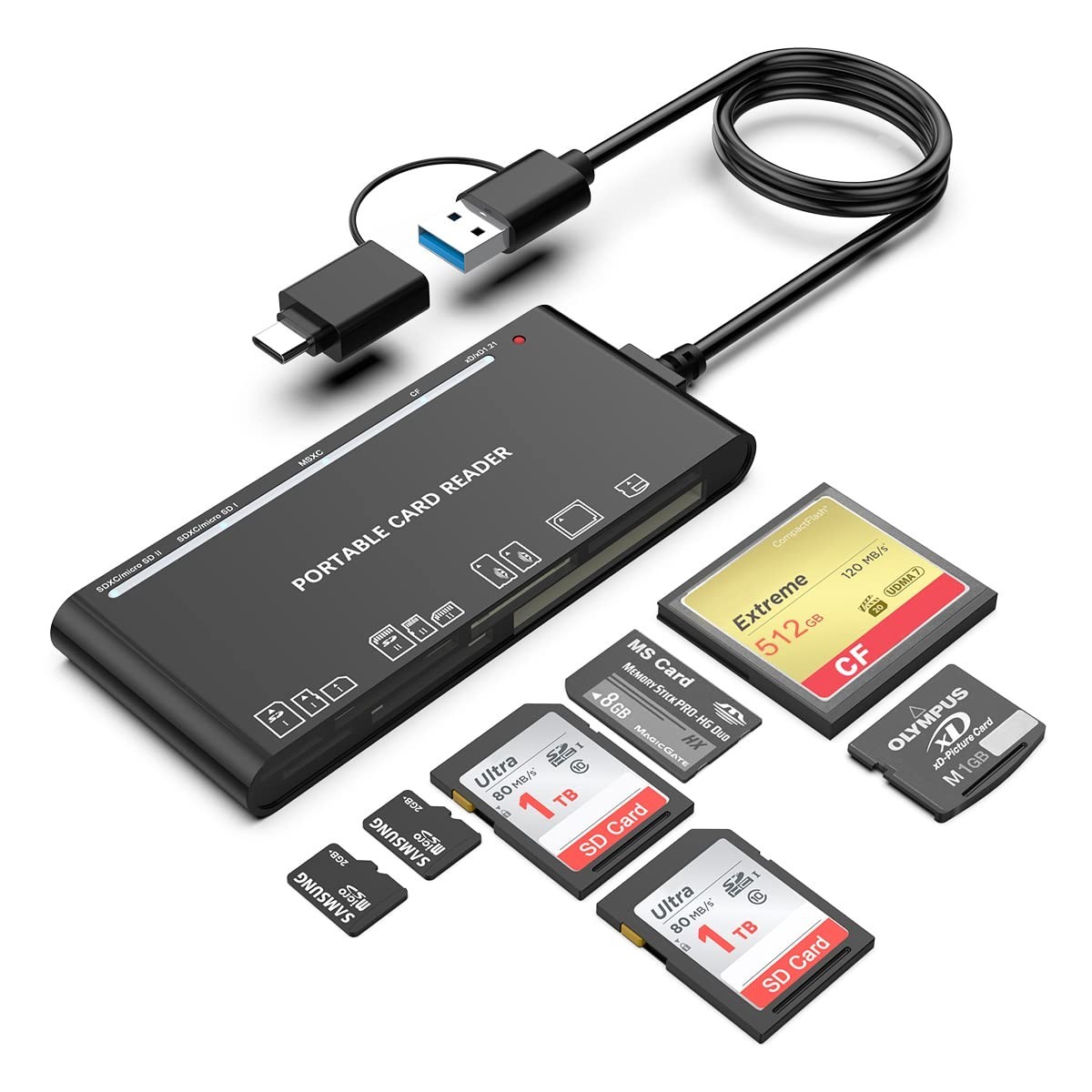 7-in-1 USB C Multi Card Reader Hub for SD, CF, Micro SD, XD, MS - Windows, Mac,