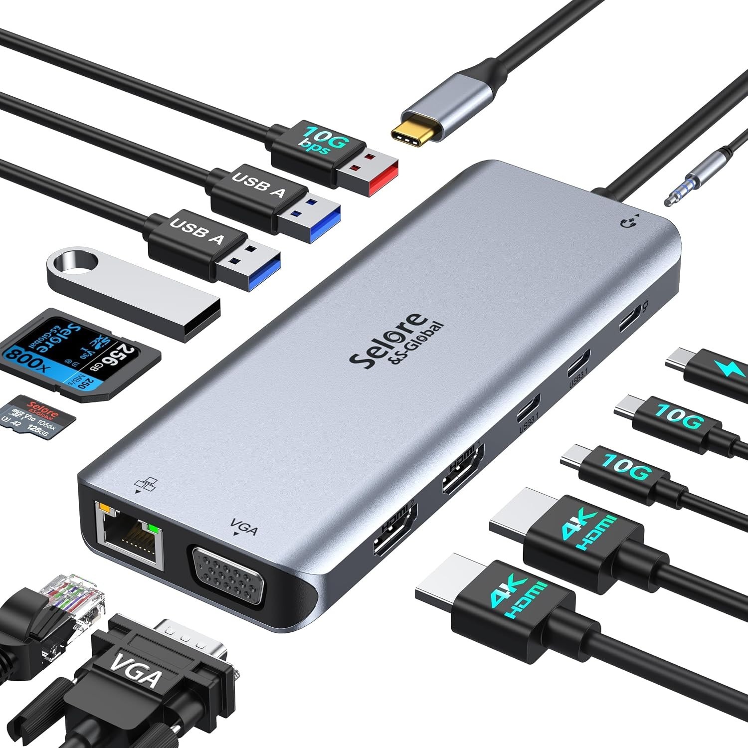 Selore 14-in-1 USB C Multiport Docking Station - Power Delivery & Data Transfer