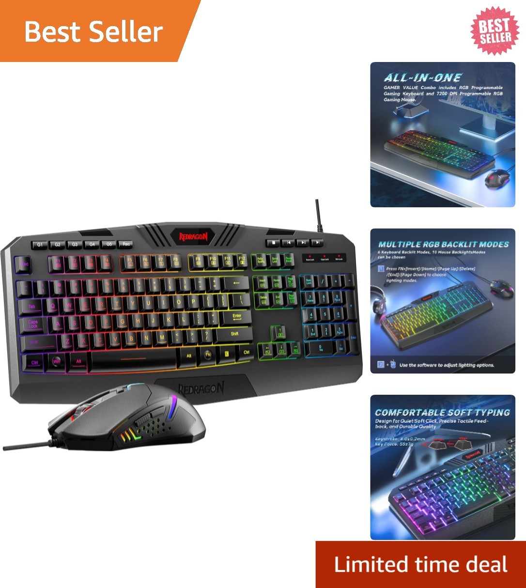 S101-3 PRO Gaming Keyboard and Mouse, RGB Backlit Programmable Keyboard Mouse...