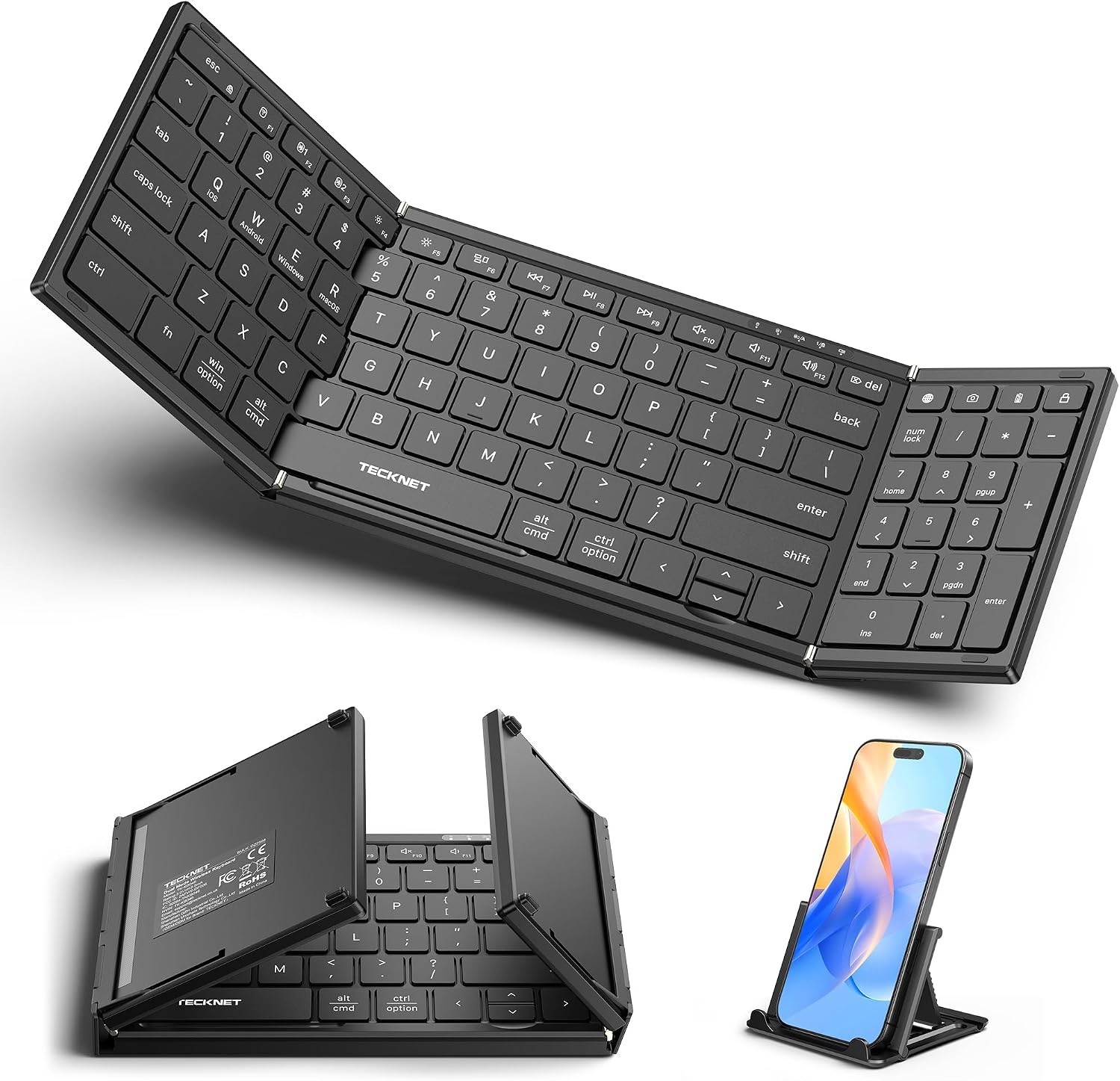 TECKNET Wireless Foldable Bluetooth Keyboard, Rechargeable Portable Keyboard BLK