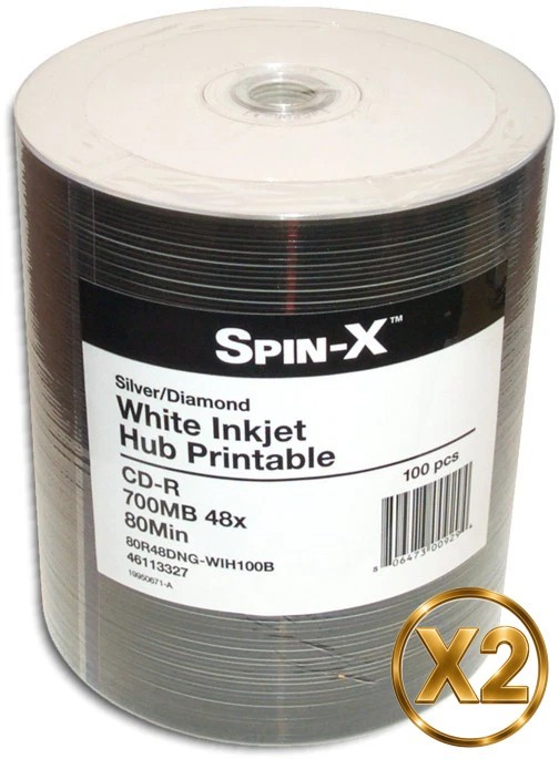 200-Pak Spin-X White Inkjet Hub Printable DIAMONDSILVER 48X 80-Min CD-R's