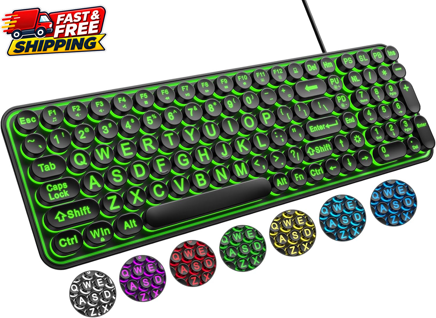 Large Print Backlit Wired USB Computer Keyboard 7 Color Retro Keycaps