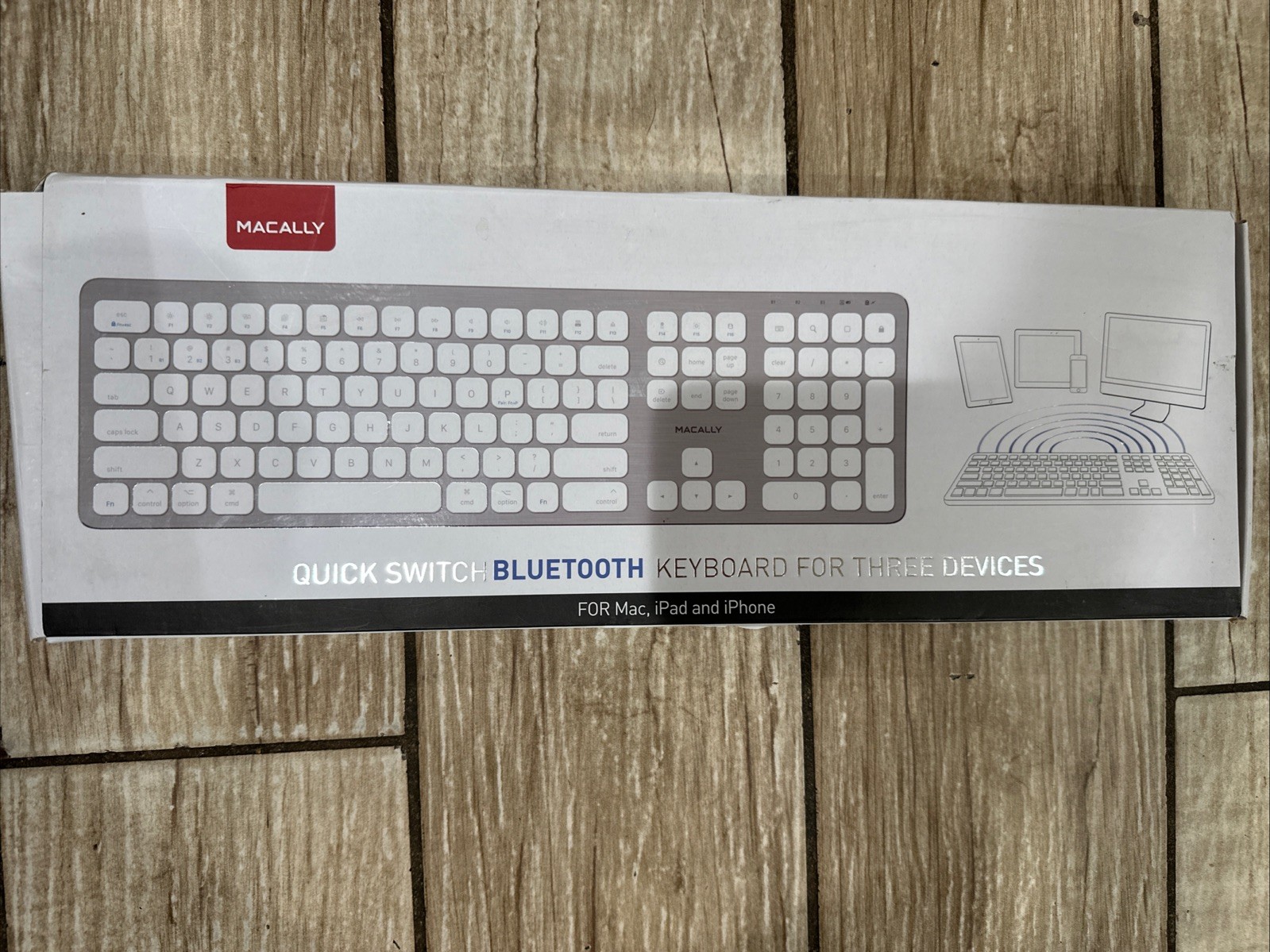 New MACALLY BTWKEYMB  Quick Switch Bluetooth Keyboard  For 3 Devices Silver Seal