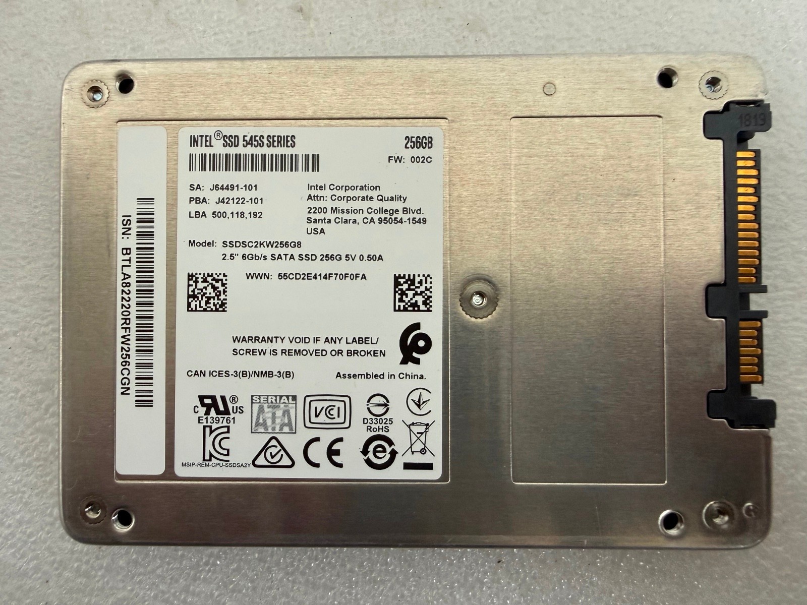 Intel 545s 256GB 2.5" SATA 6Gb/s Solid State Drive SSDSC2KW256G8