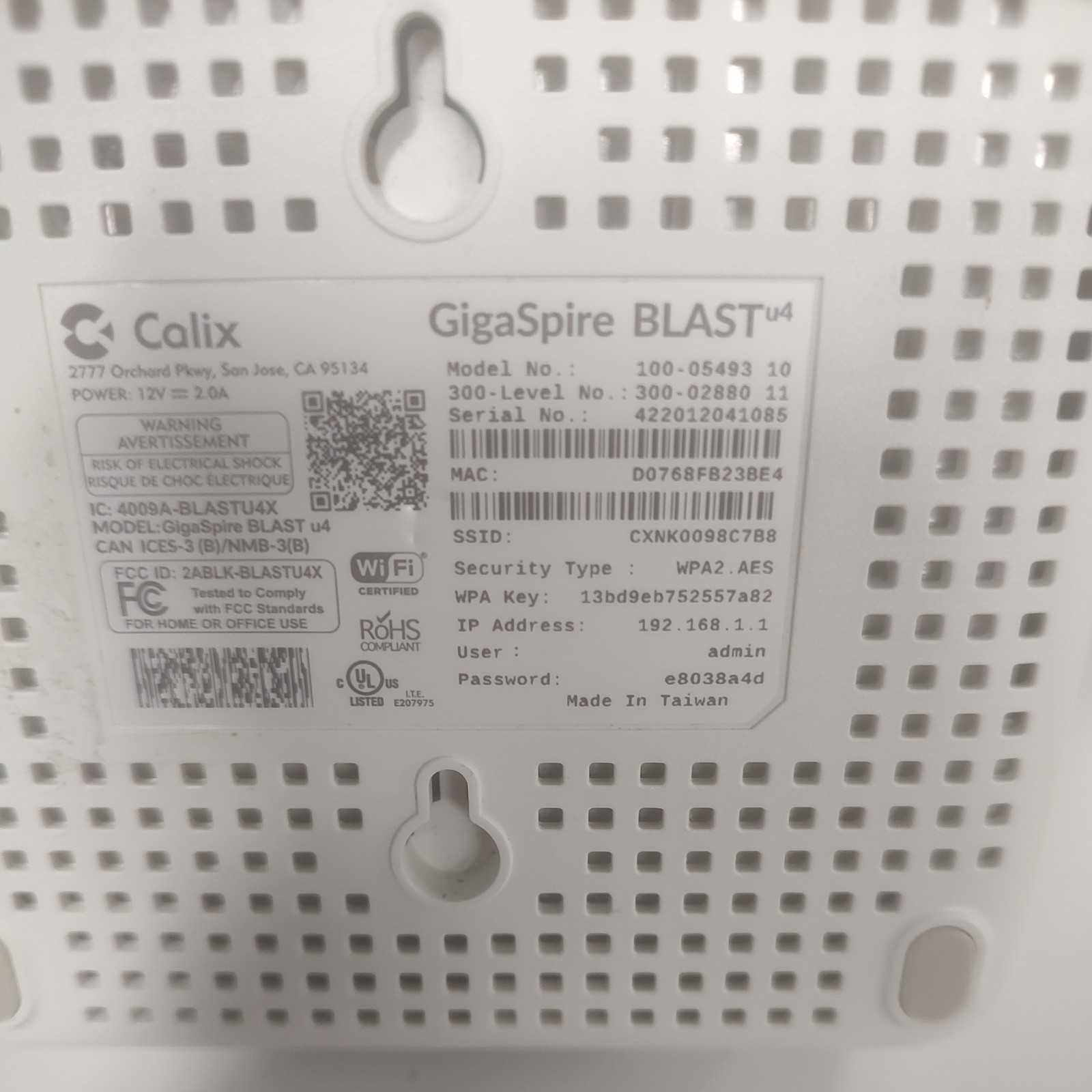 Calix GigaSpire BLAST u4 WiFi 6 Router 100-05493 (RF)