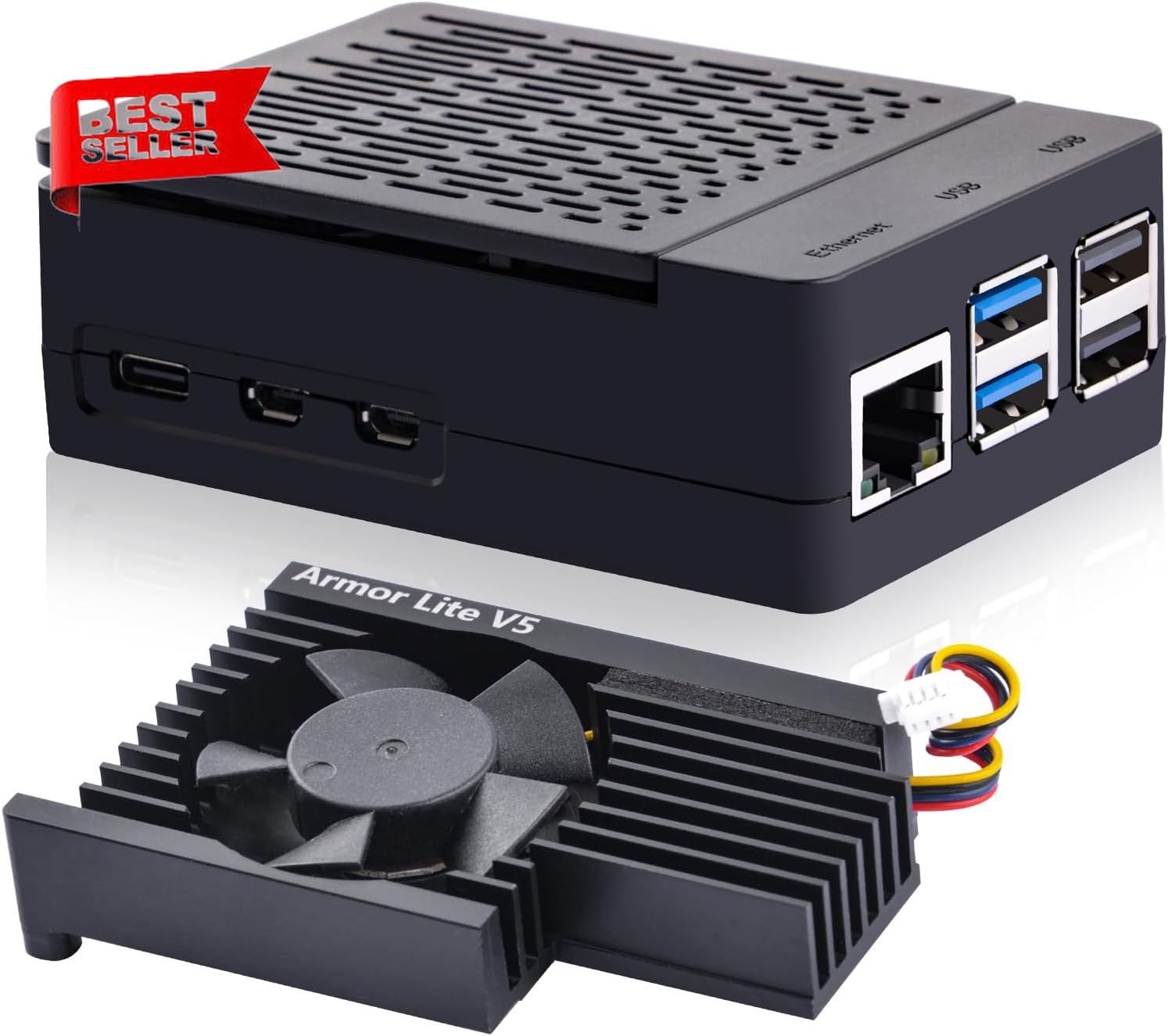 GeeekPi Raspberry Pi 5 ABS Case Armor Lite V5 Active Cooler Heatsink Fan Black