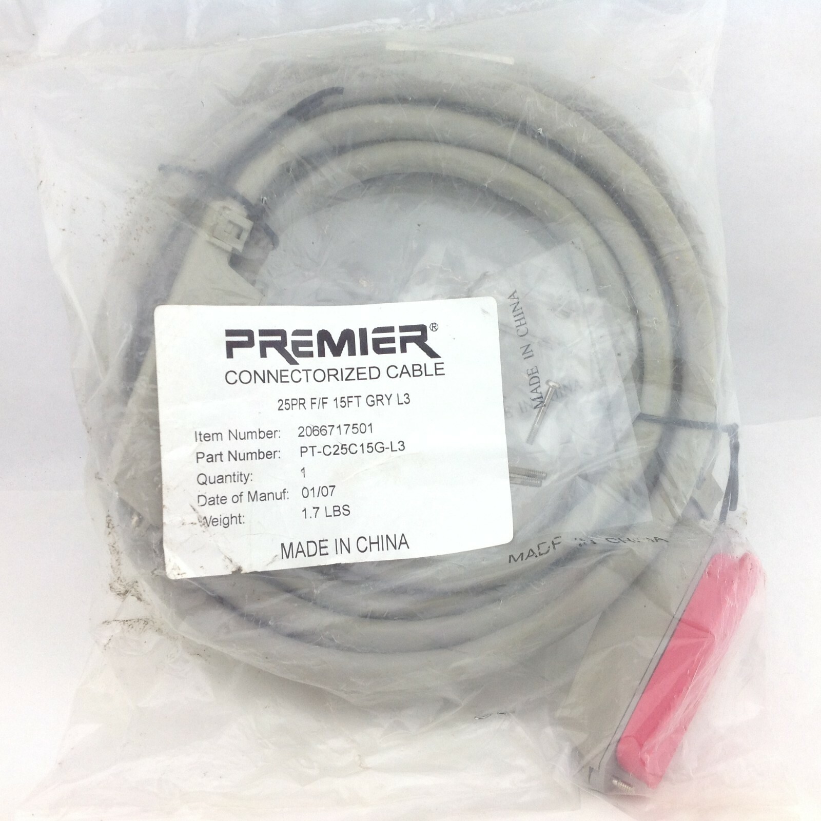 Premier Connectorized Cable PT-C25C15G-L3 25PR F/F 15FT GRY L3 