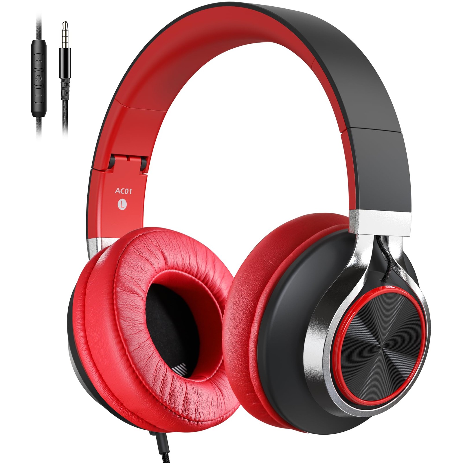 Black Red Wired Over Ear Headphones With Mic Volume Control 3.5mm Jack