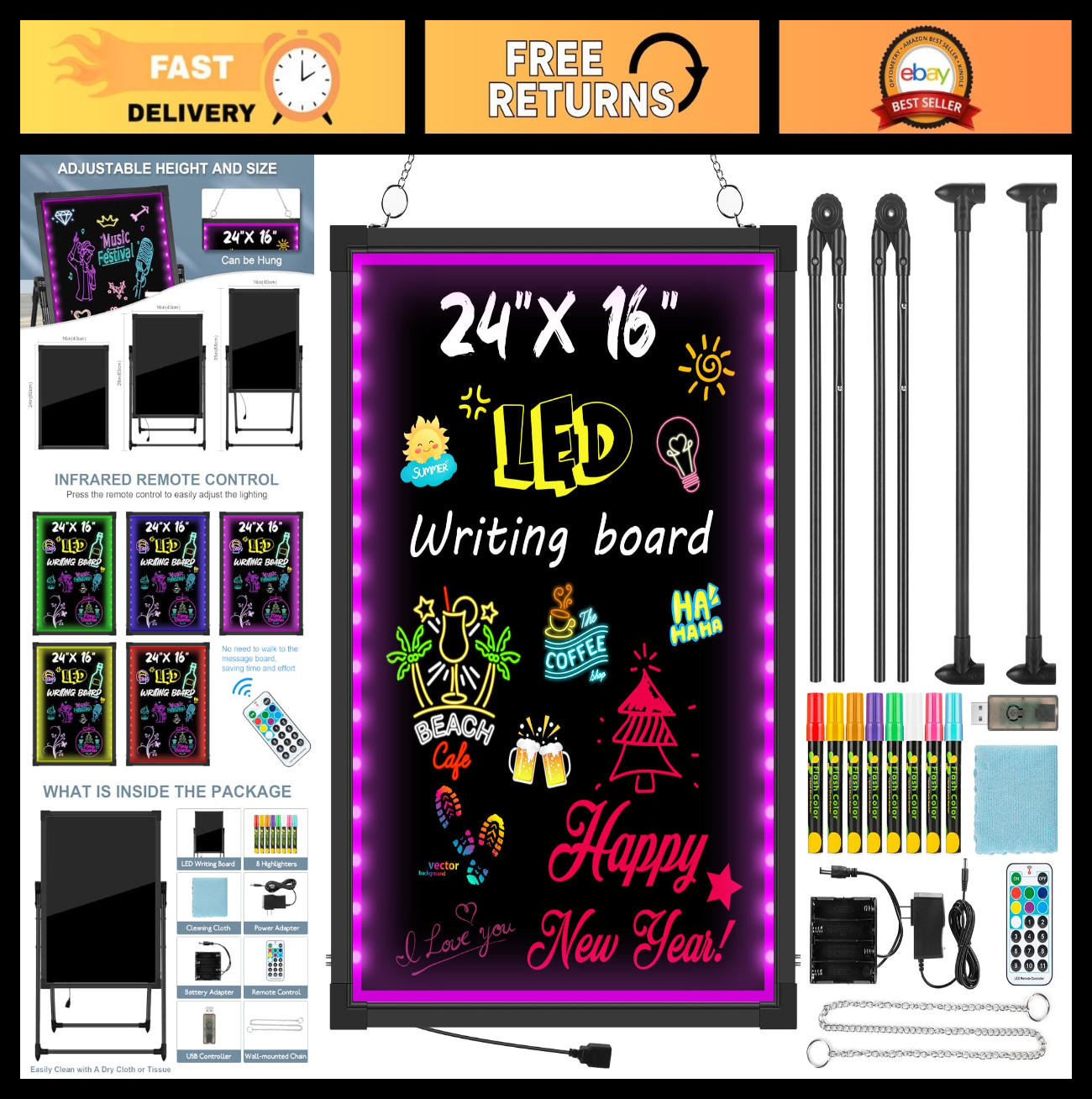 Illuminated LED Menu Board 24"x16" with Remote, Neon Effect Sign & 8 Markers