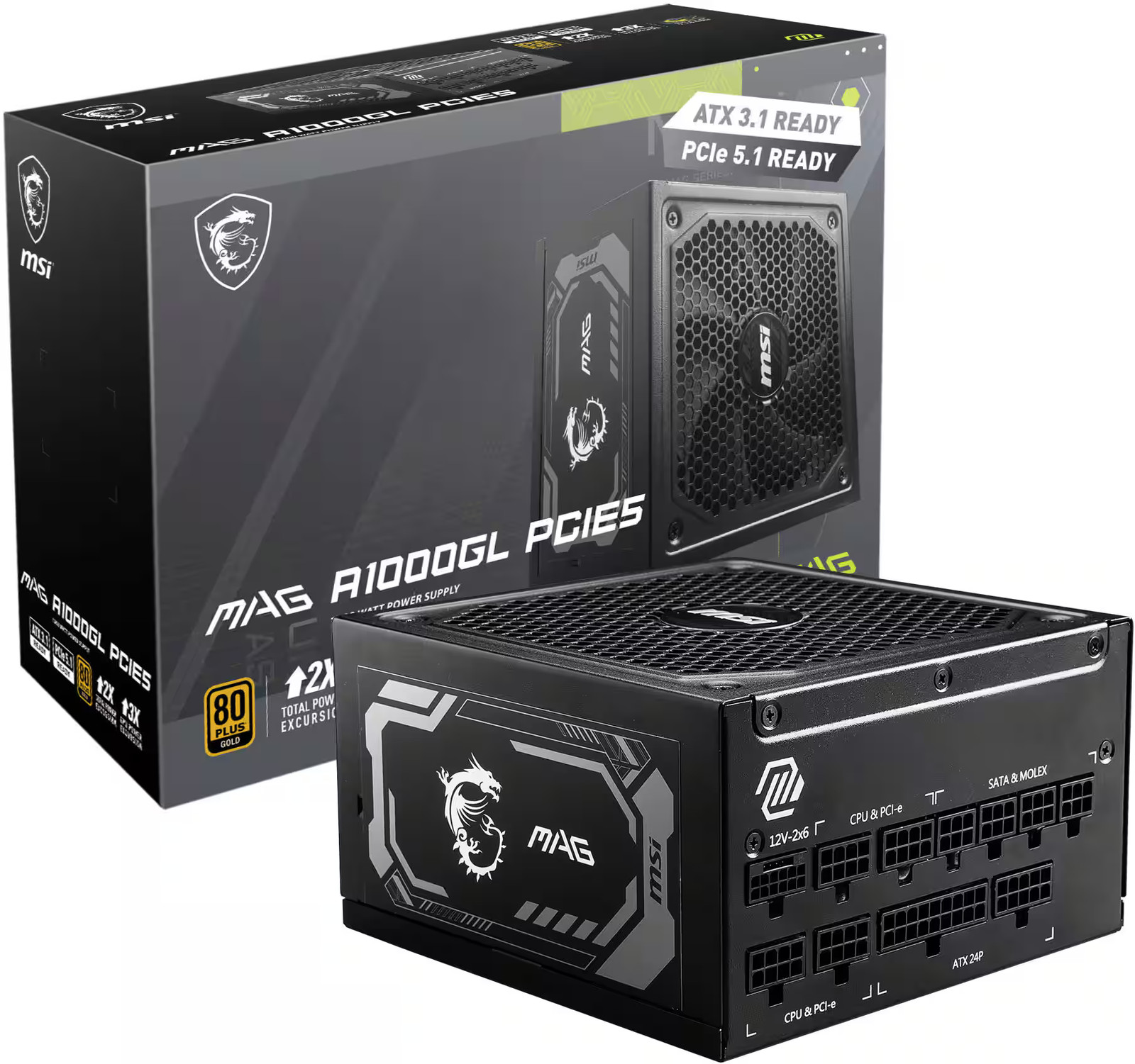 MSI - MAG A1000GL PCIE5 1000W Full Modular ATX 3.1 Ready 80 Plus Gold Power S...
