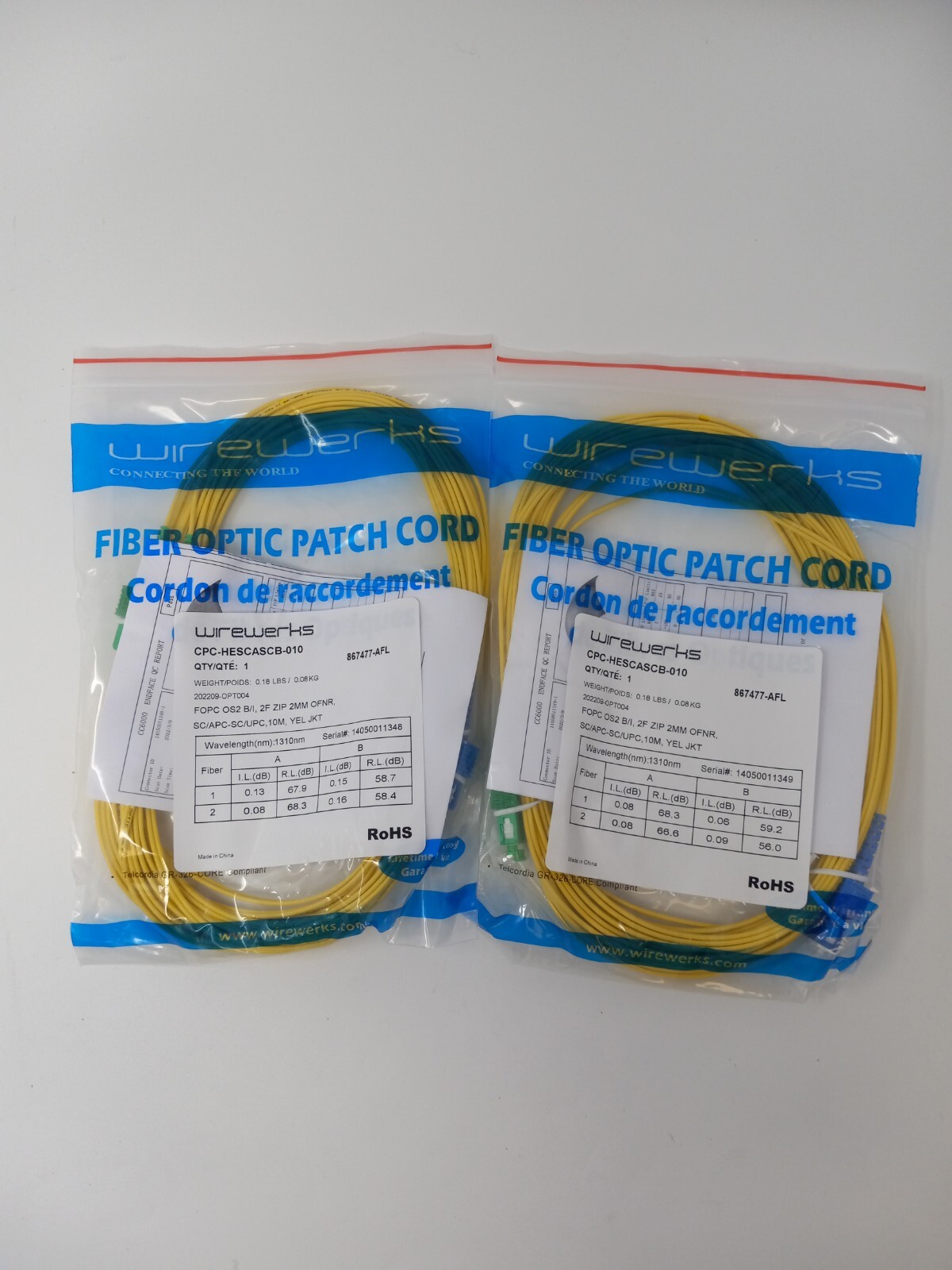 WireWerks SC/APC-SC/UPC, 10M, Yellow Jacket FOPC OS2 B/I 2F ZIP 2MM OFNR 2ct 