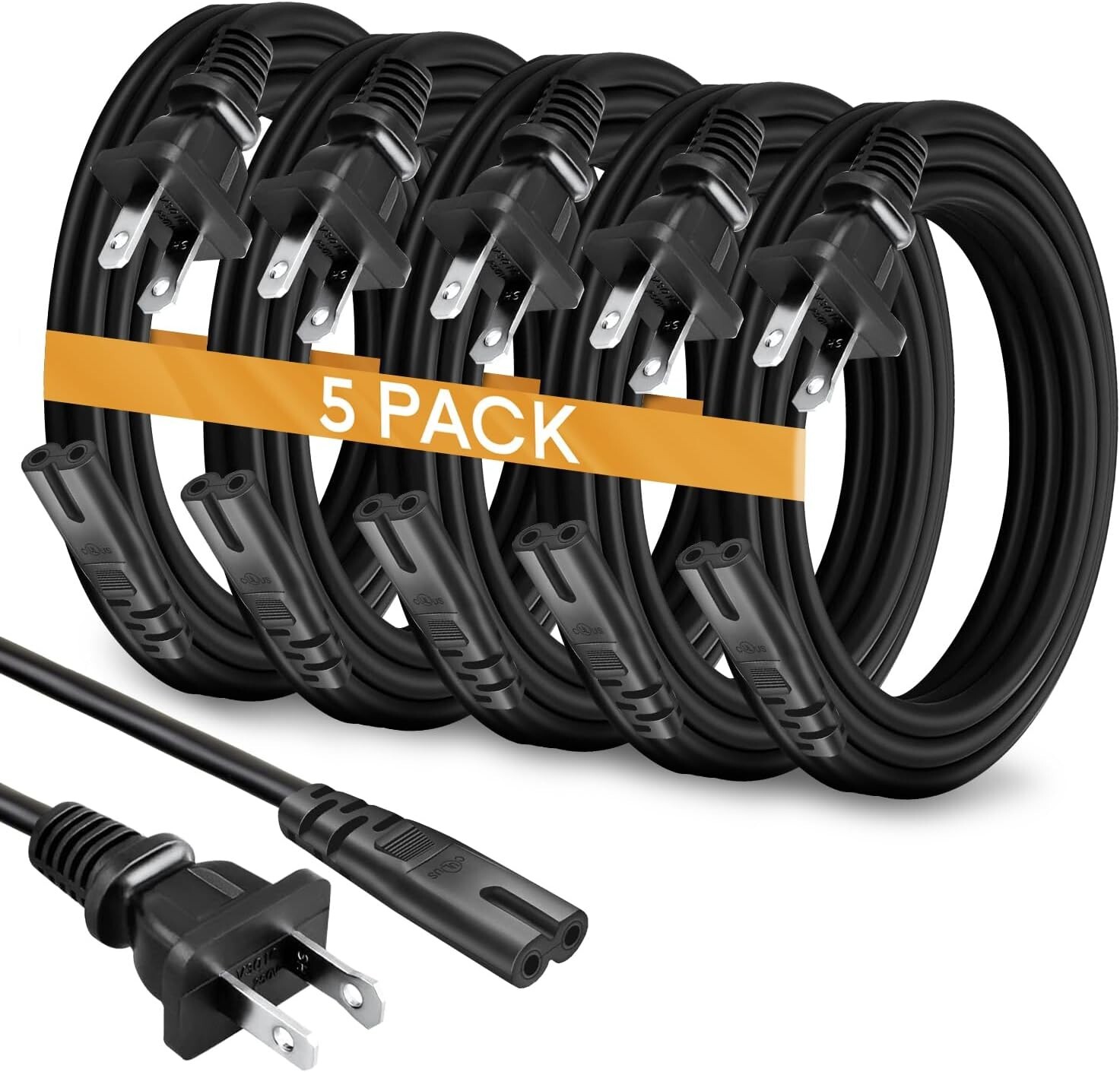 5 Pack TV Power Cord Short 1 ft. for TV Replacement TV Power Cable 2 Prong Black