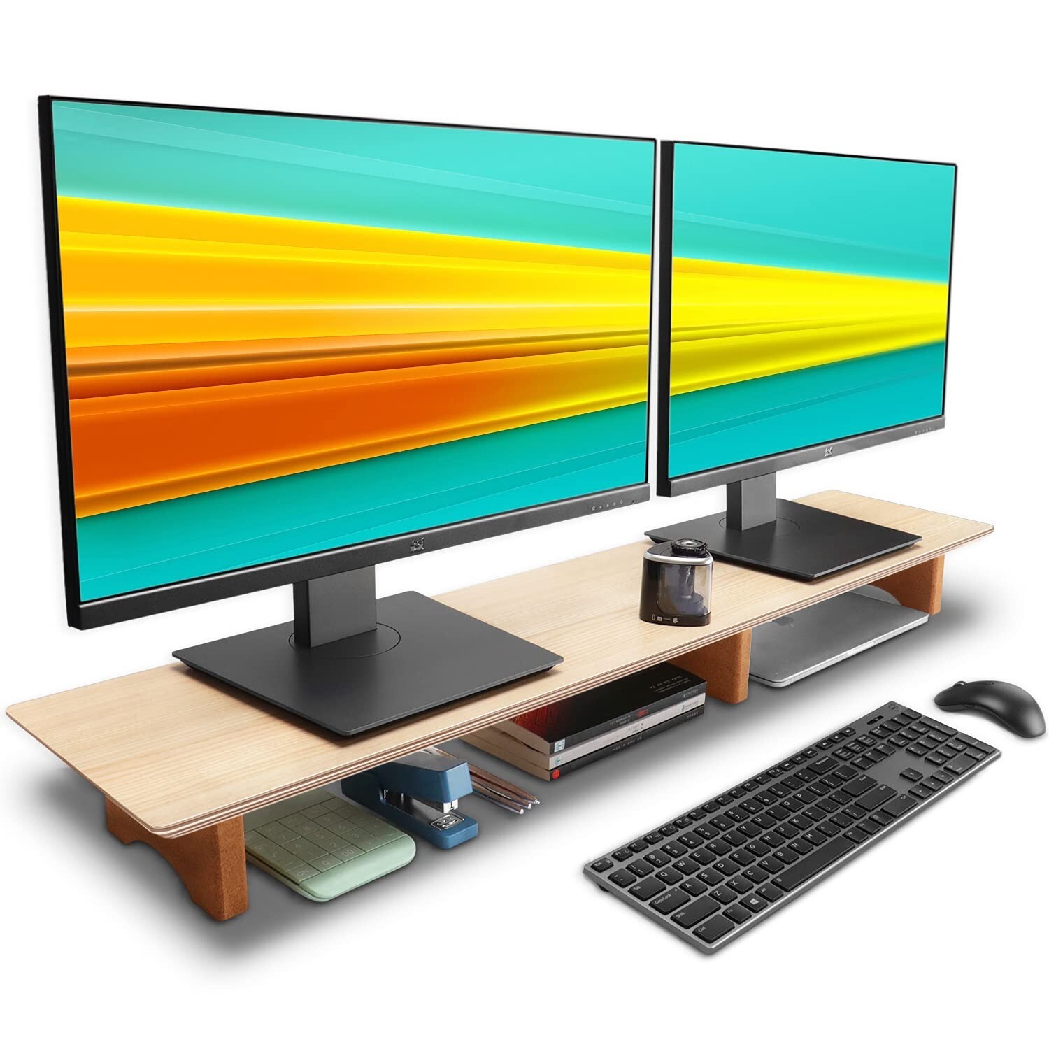 Aothia Large Dual Monitor Stand Riser, Solid Wood Desk Shelf with Eco Cork Le...