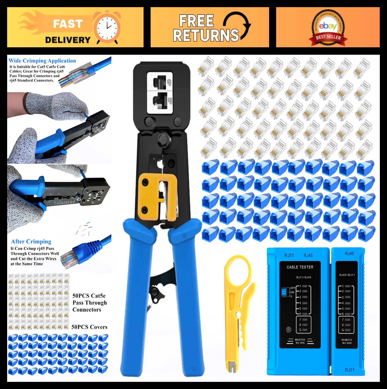 RJ45 Crimping Tool for Cat6, Cat5e, Cat5 - Sturdy Pass-Through Ethernet Crimper