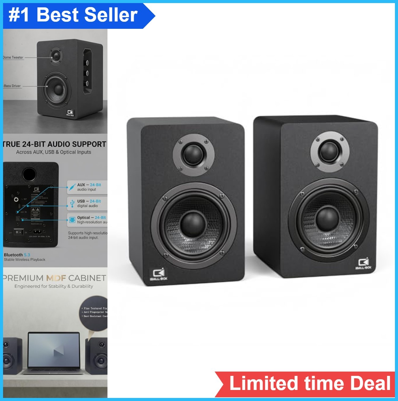 Computer Speakers 60W Powered 2.0 Stereo Bluetooth USB-C DAC Optical AUX Bass