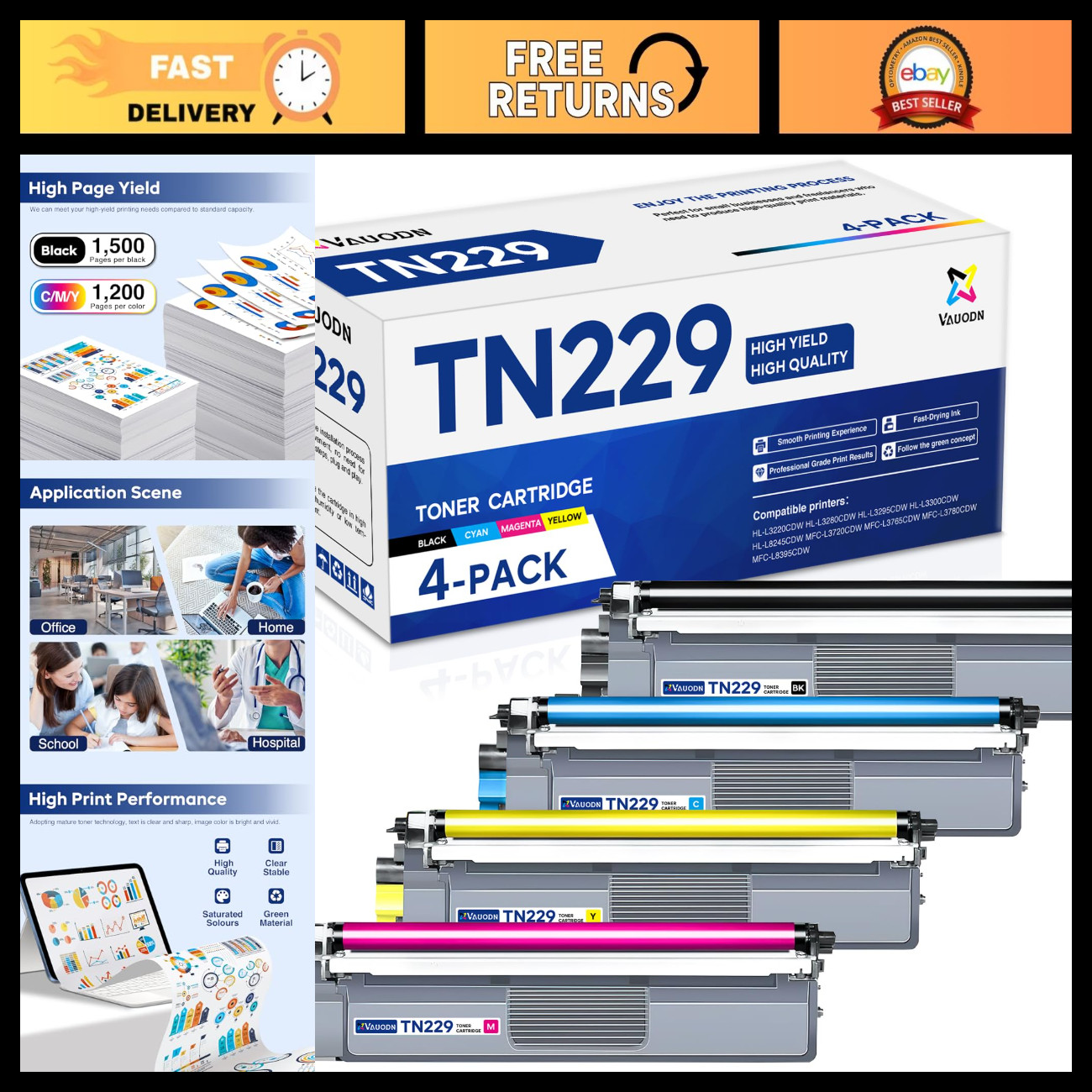 Color Toner Cartridges Set 4PK Replacement for Brother TN229 TN-229 High Yield