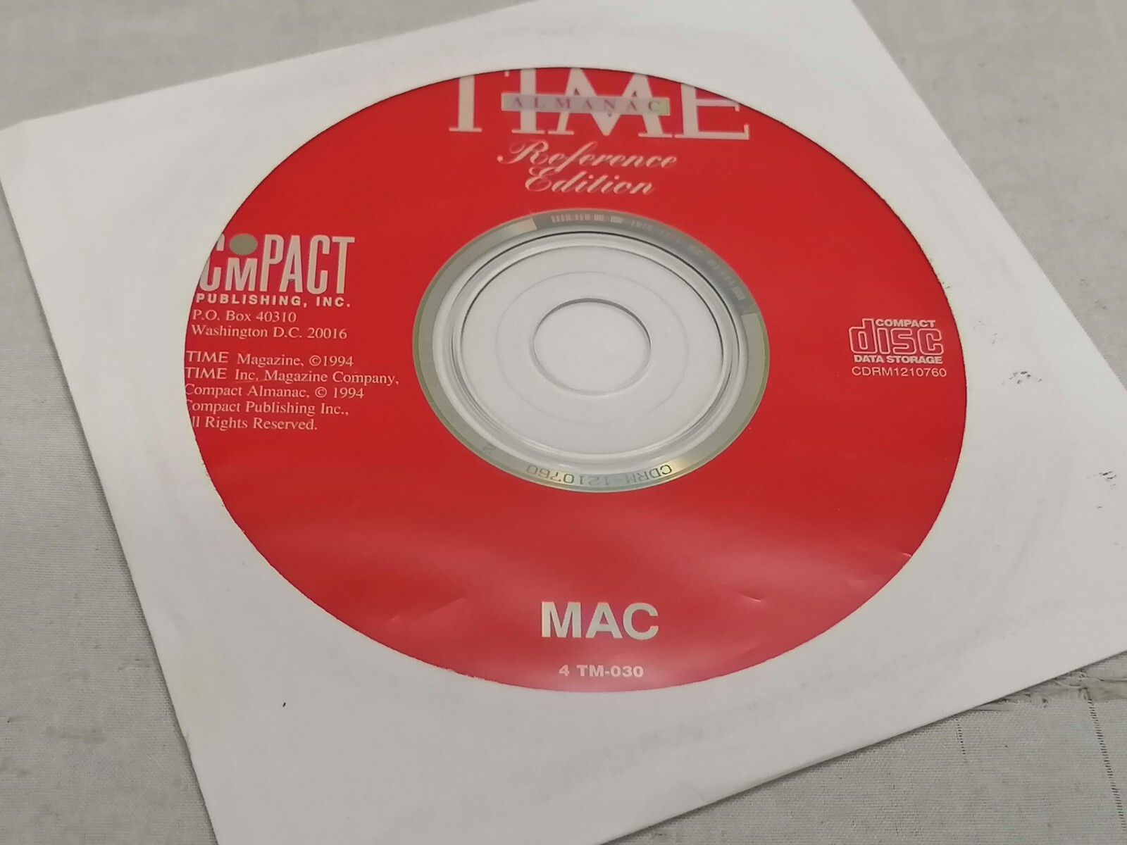Vintage 1994 Time Almanac Reference Edition Mac Software CD P/N: 4 TM-030