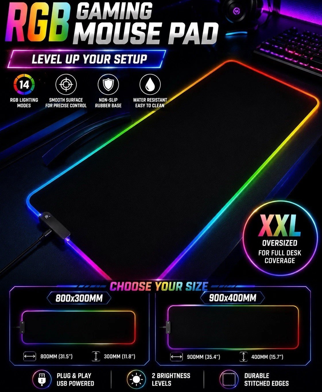 RGB Gaming Mouse Pad XXL LED Large Desk Mat Non Slip USB Powered