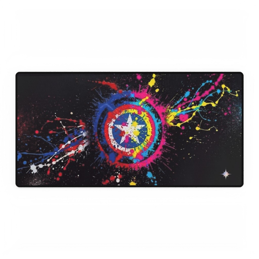 Marvel Captain America Shield Colorful Paint Splash Art Black Mouse Pad Desk Mat