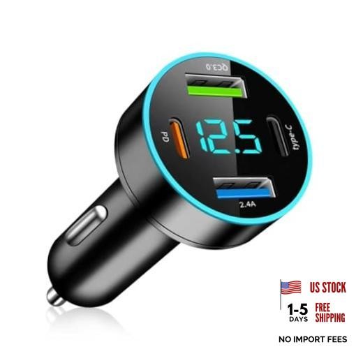 4 Port Fast Charging Cigarette Lighter USB Charger with Voltmeter,12-24V Fast
