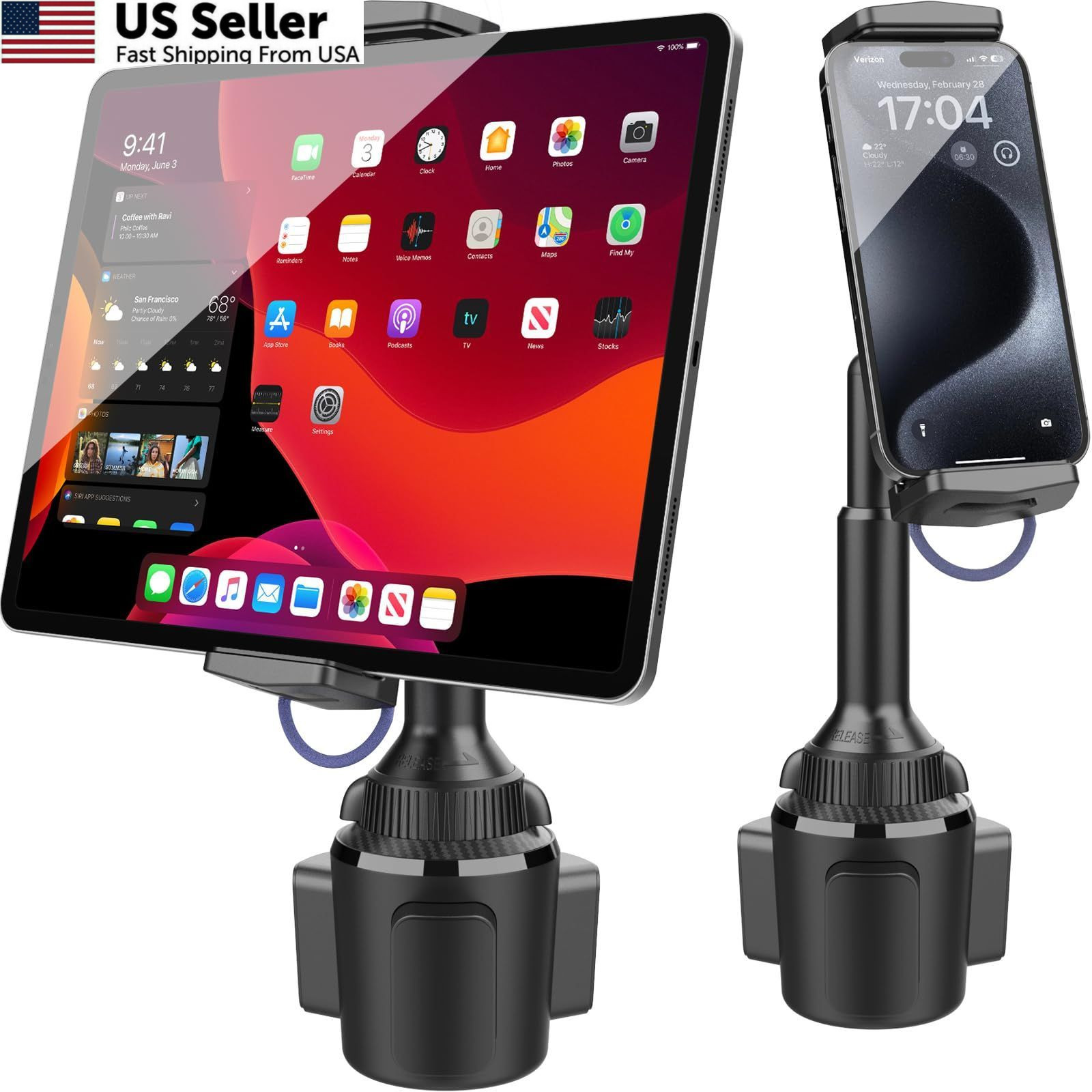 APPS2Car Solid Cup Holder Tablet Mount for Car, 4.7 to 12.9 inches, Black