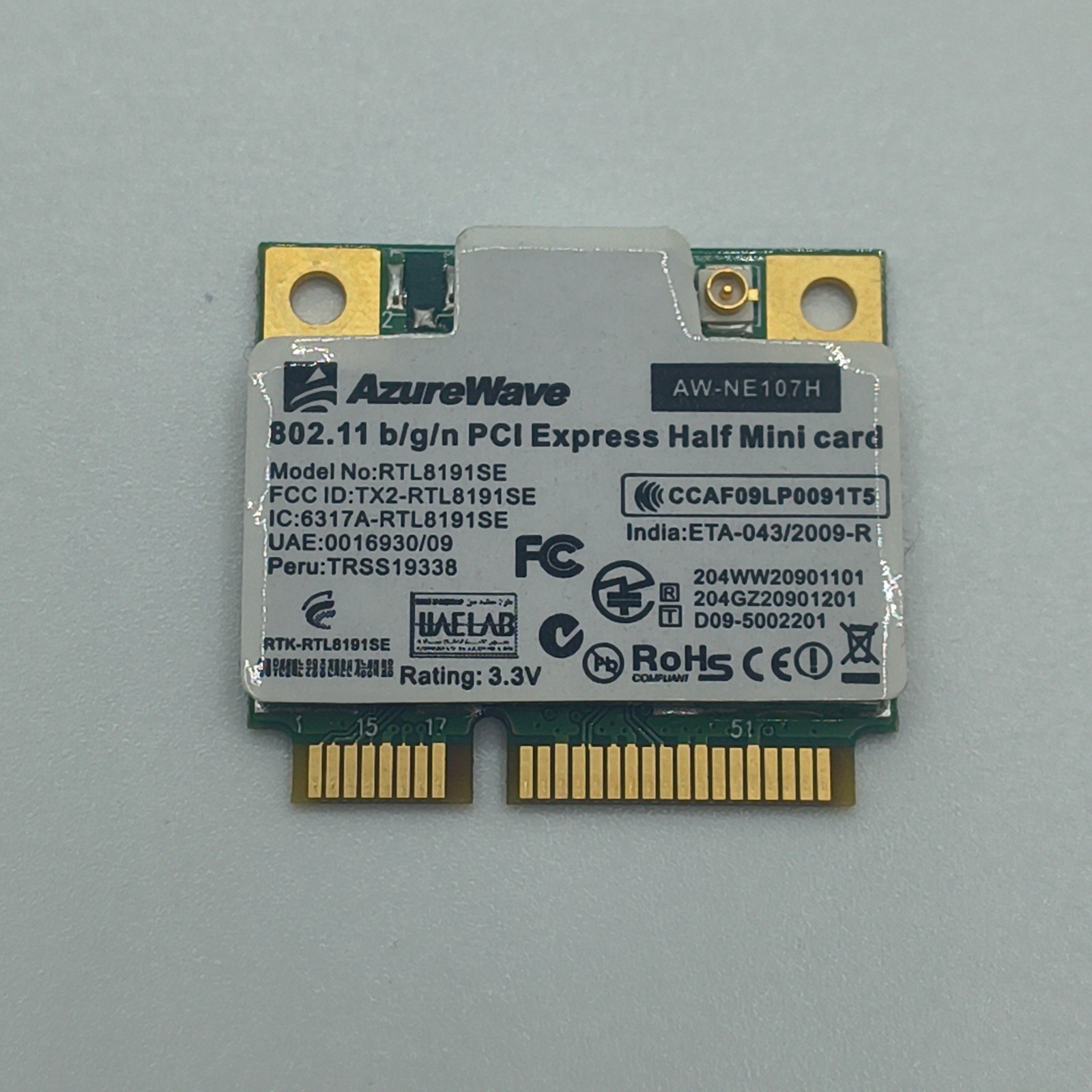 AzureWave AW-NE107H RTL8191SE WiFi Card Mini PCI-E Half Size 802.11 b/g/n