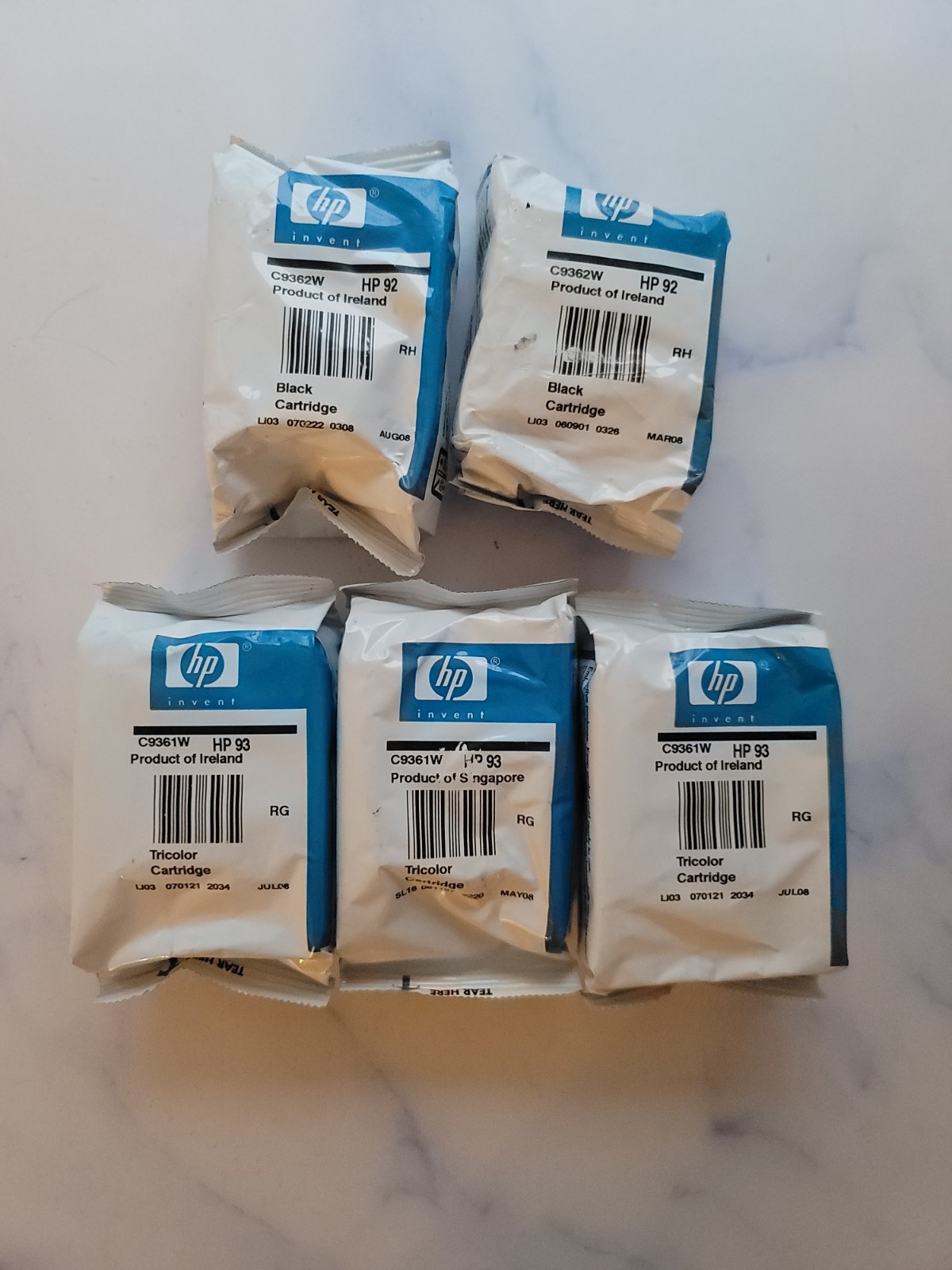 FIVE 5 NEW GENUINE HP 92 and 93 Black and Color Ink Cartridges C9361W C9362W