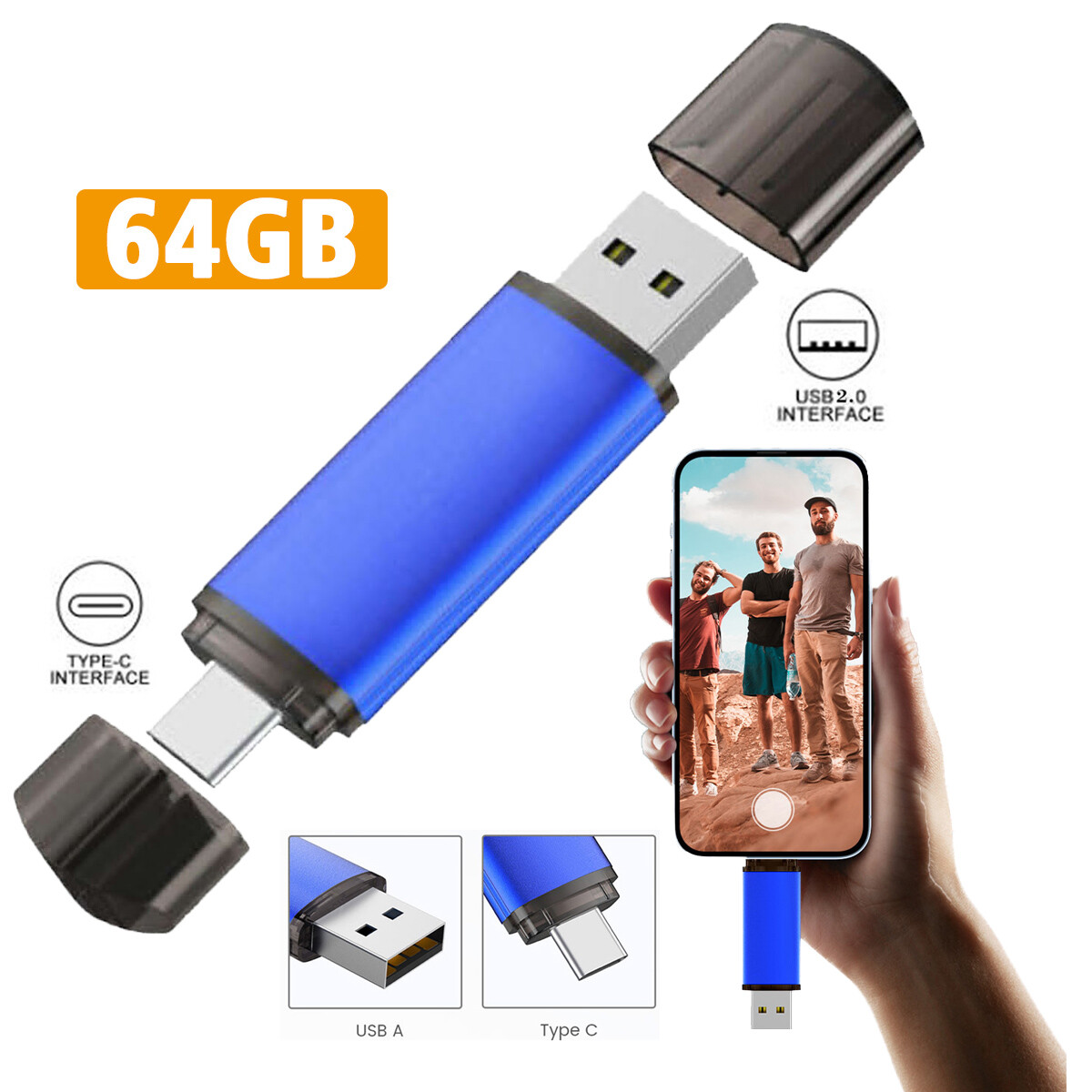 64GB Dual OTG USB2.0 Flash Drive Type C Memory Stick Thumb Drive Blue