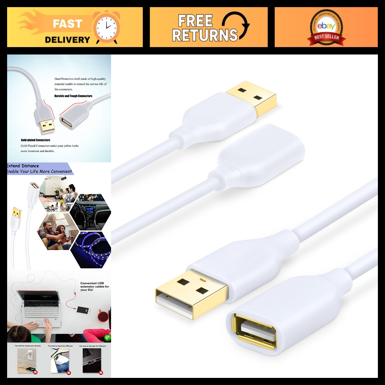 USB Extension Cable 2-Pack, 6ft Type A Male to Female, Gold-Plated Connectors, W