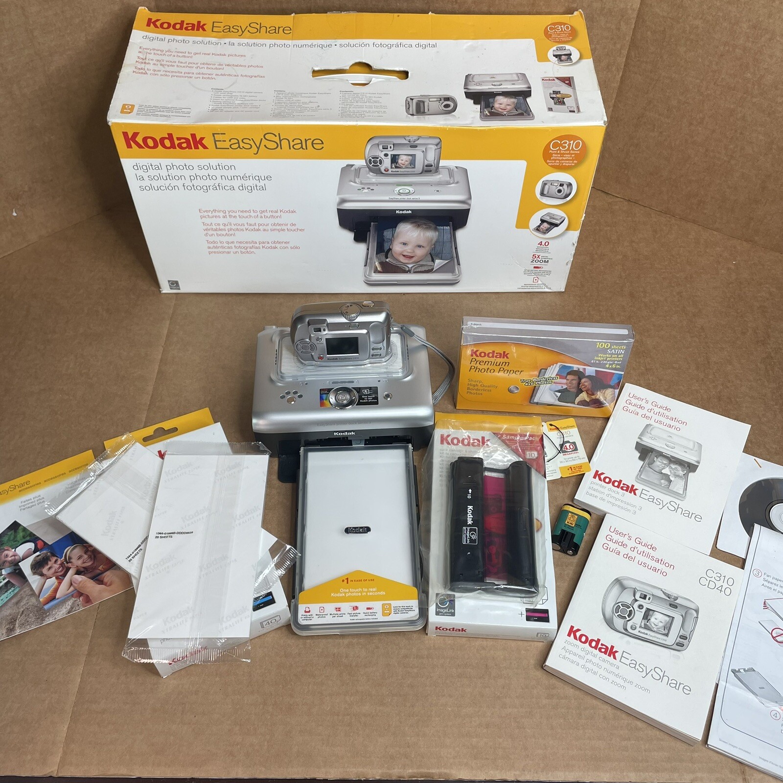 Kodak EasyShare C310 Camera with Printer Dock Tray Manuals, Cords, Paper, Ink