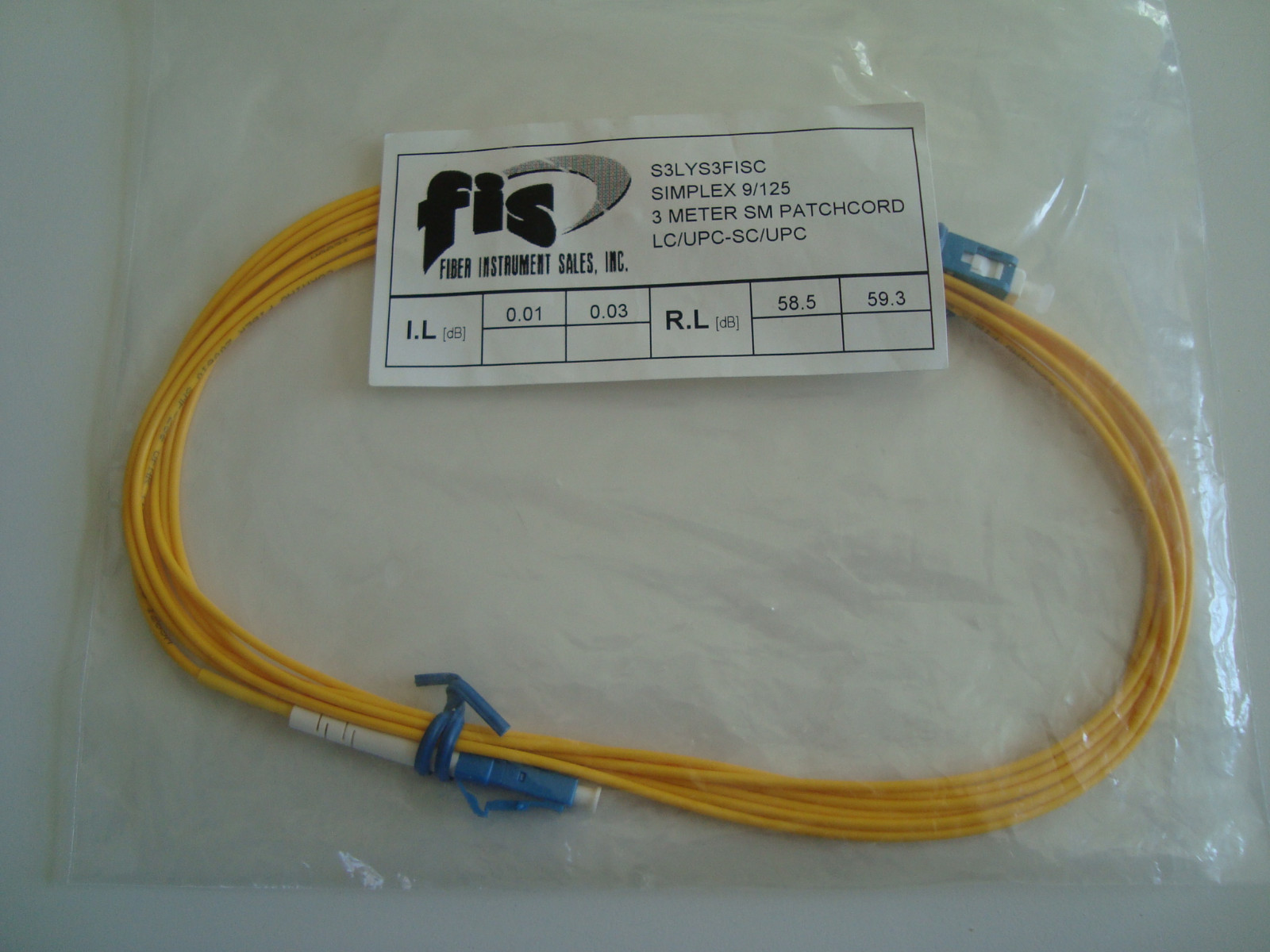 Fiber Optic Patchcord 3 Meter LC/UPC–SC/UPC FIS 9/125 Singlemode New in Bag